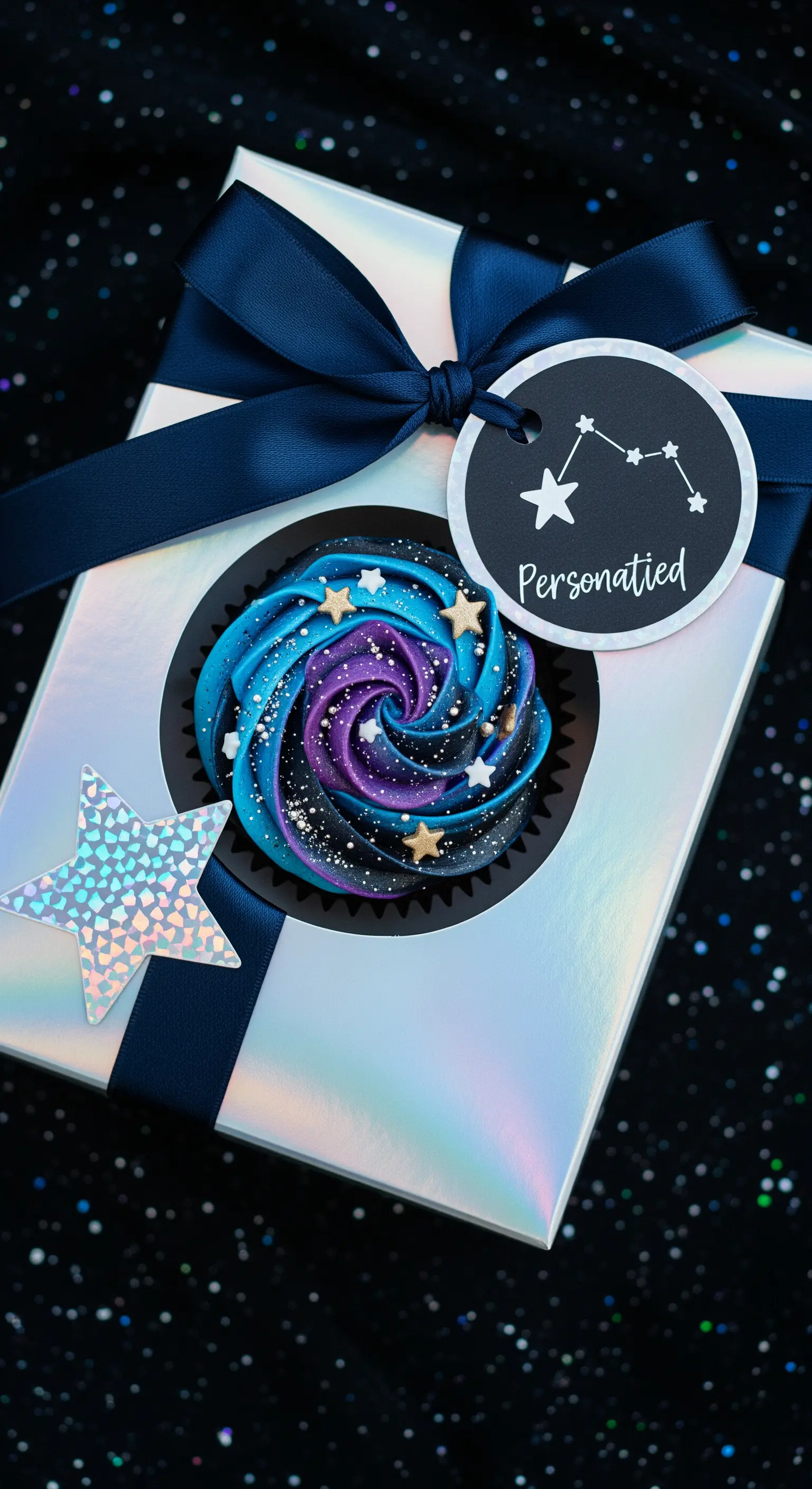 Cupcake a tema galassia in una scatola olografica con un nastro blu e un tag a forma di costellazione.