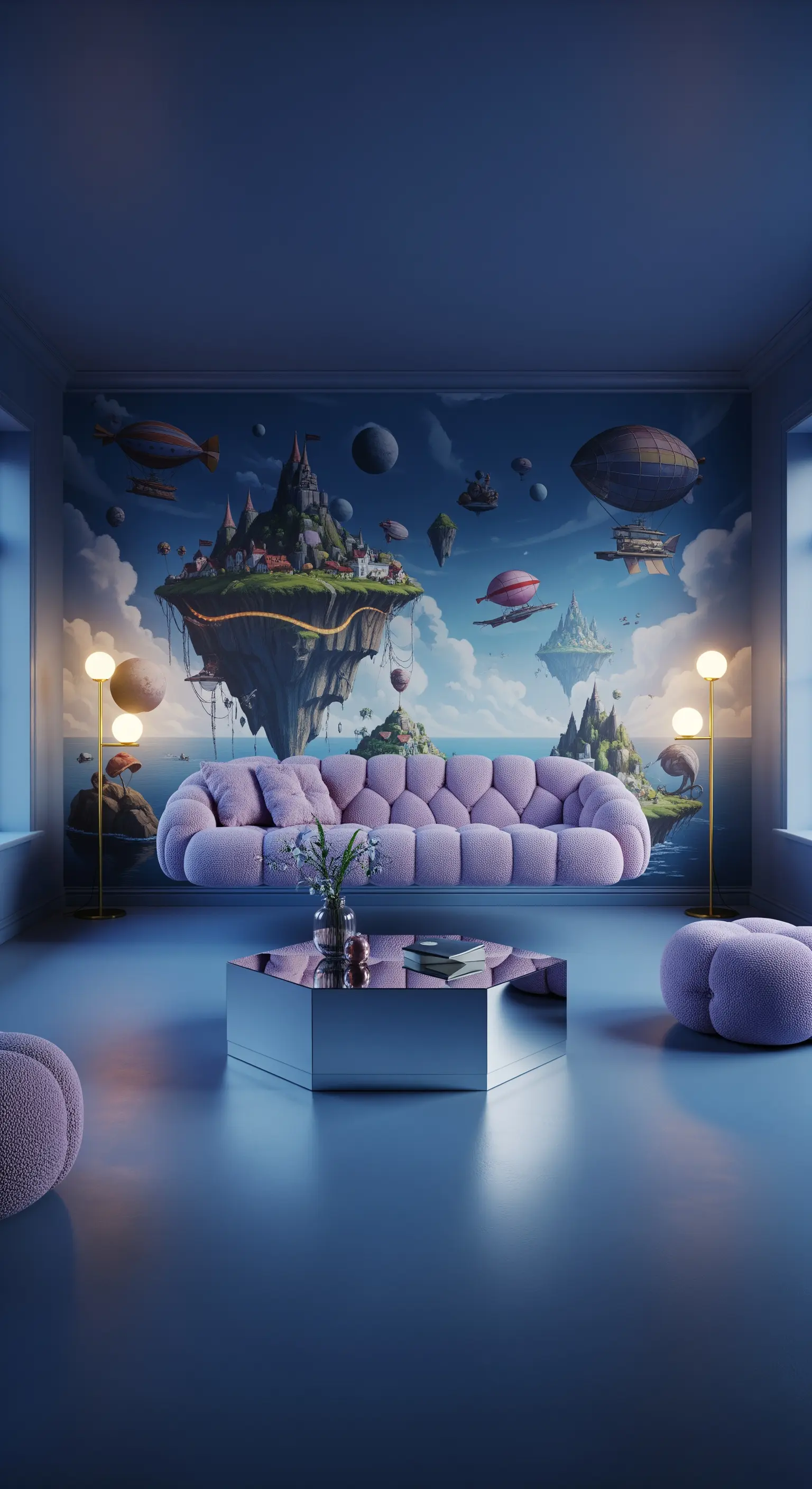 Salotto surreale con murale di isole galleggianti e un divano lilla dalle forme organiche.