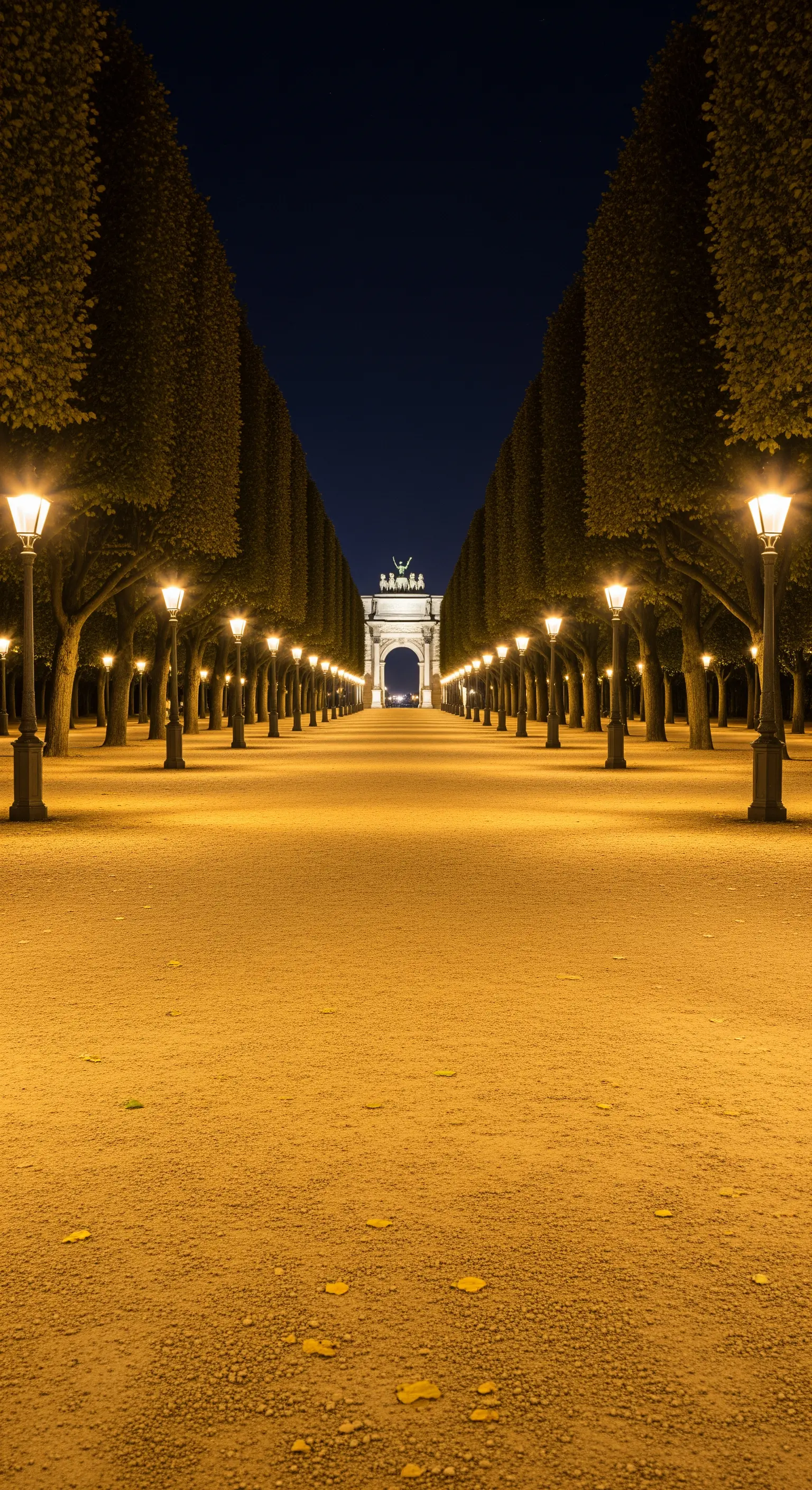 Lungo viale di ghiaia fiancheggiato da alberi e lampioni classici accesi di notte.