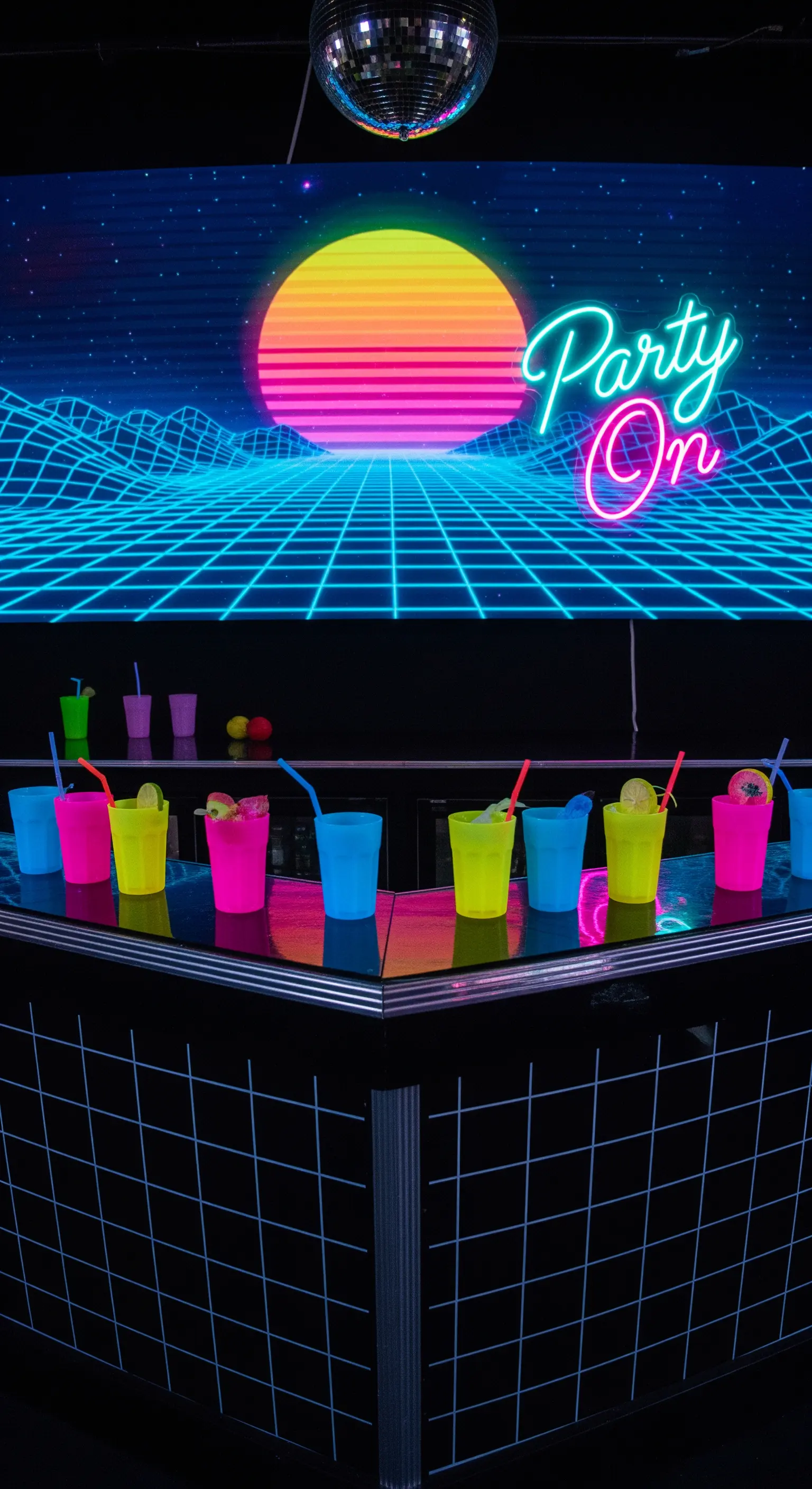 Bar a tema anni '80 con grafica vaporwave, insegna al neon e bicchieri fluorescenti.