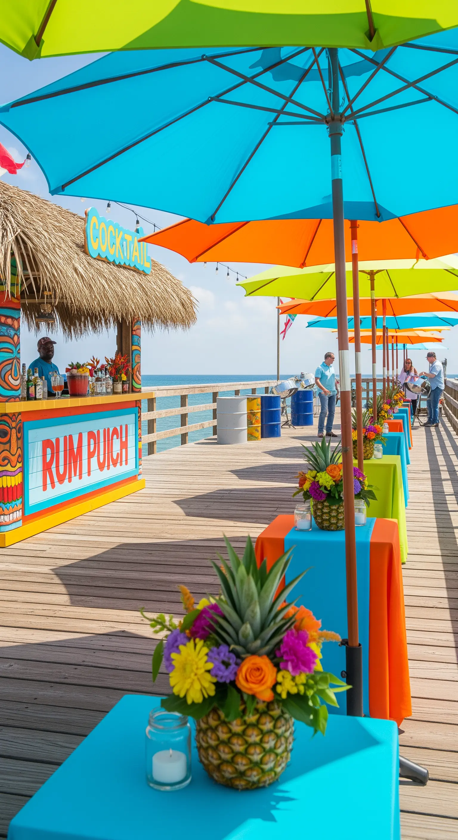 Bar a tema tiki su un molo con ombrelloni e tavoli in colori vivaci come turchese e arancione