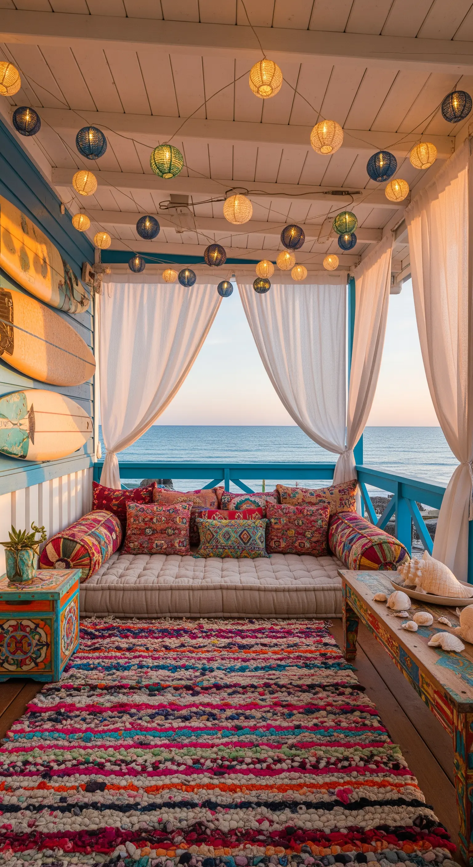 Balcone vista mare con tappeto colorato, cuscini etnici e lanterne di carta sospese.