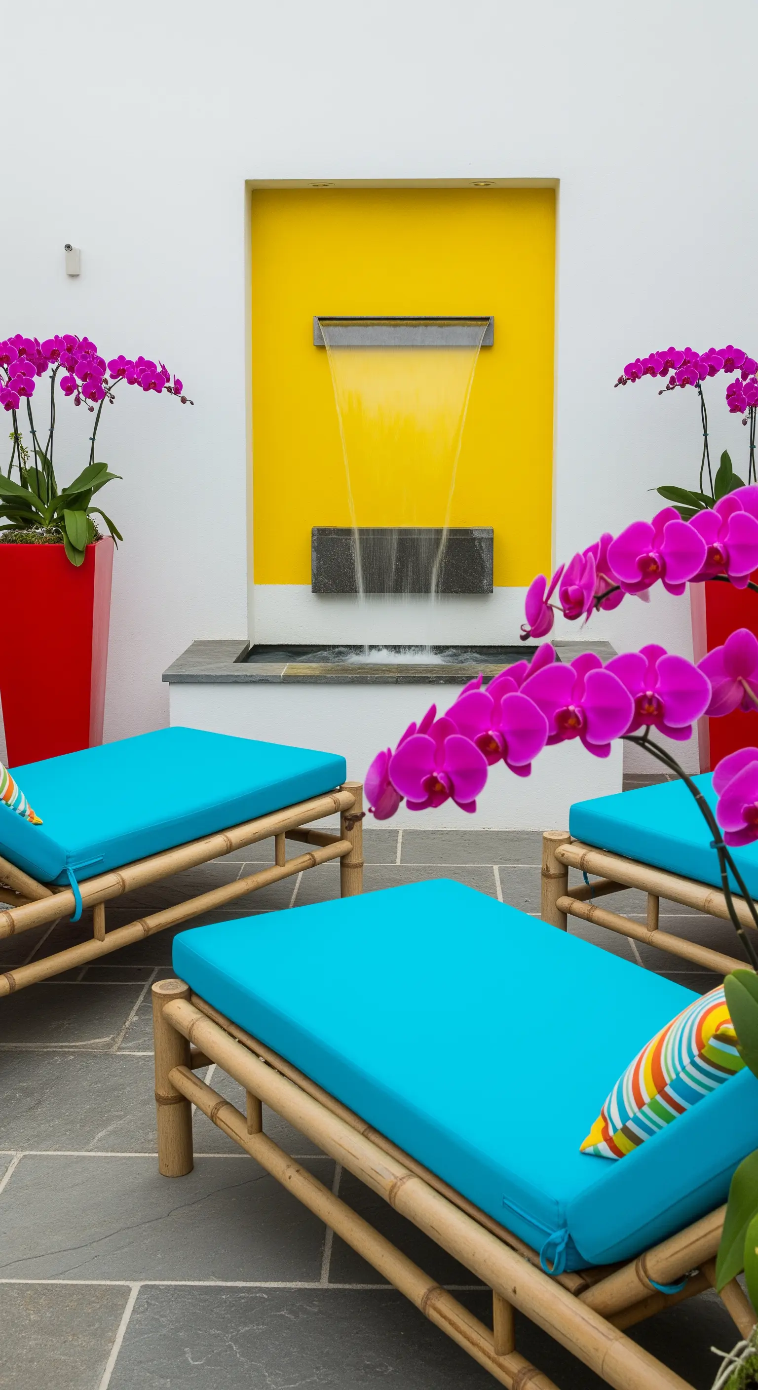 Patio con parete gialla, lettini in bambù con cuscini turchesi e orchidee fucsia.