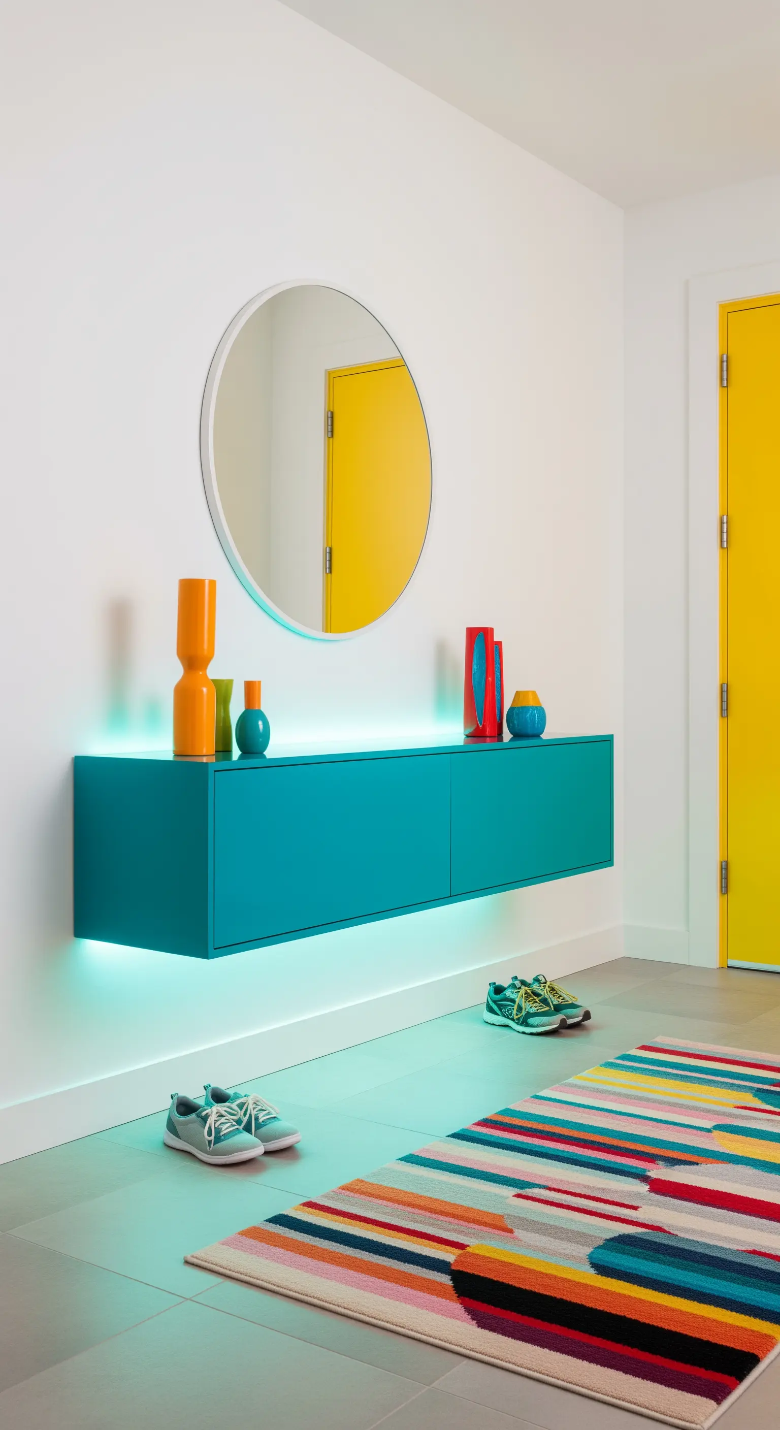 Consolle sospesa color ottanio con luce LED coordinata, tappeto a righe colorate.