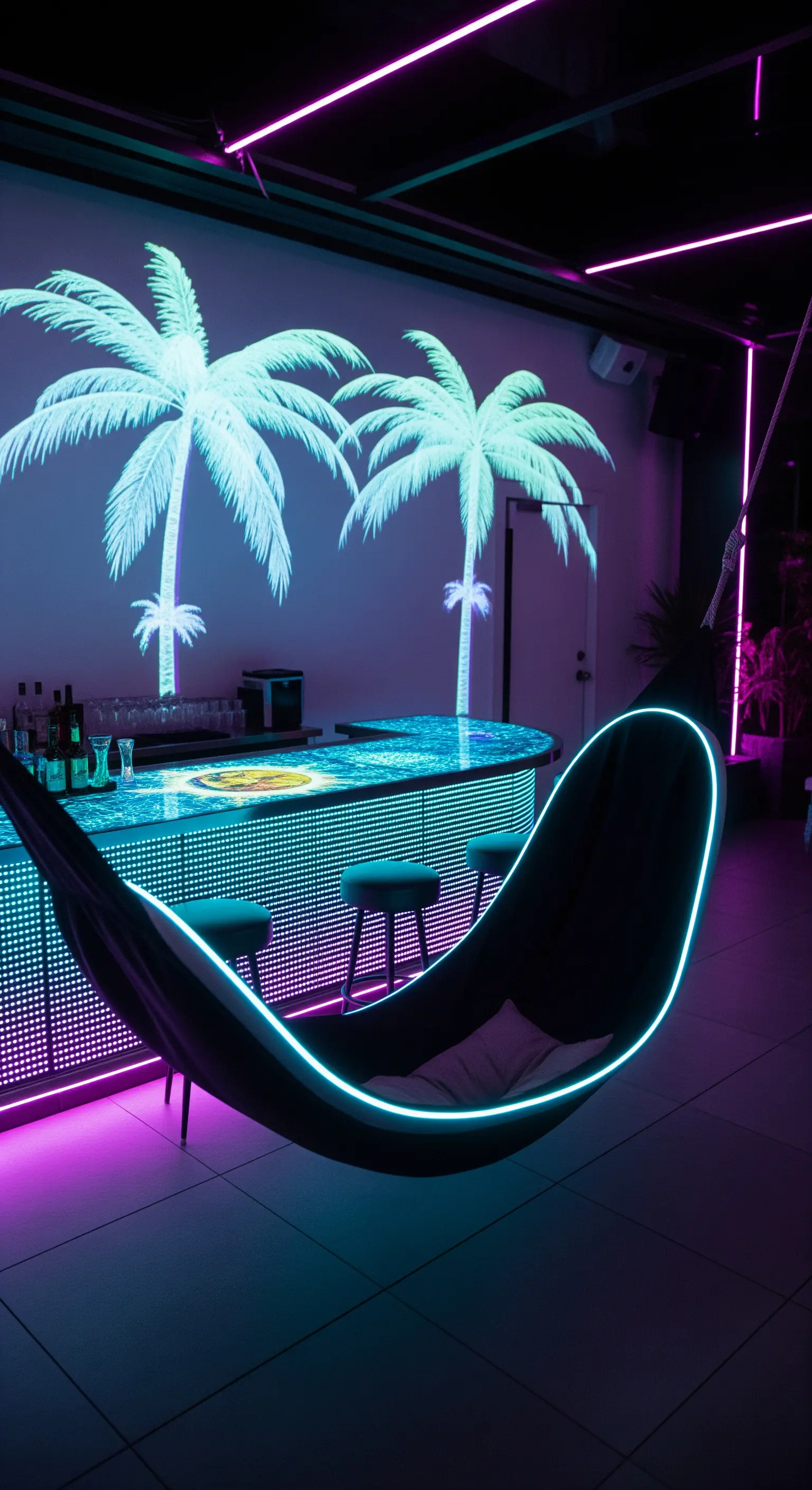 Stanza buia con bar e amaca illuminati da luci al neon viola e blu.