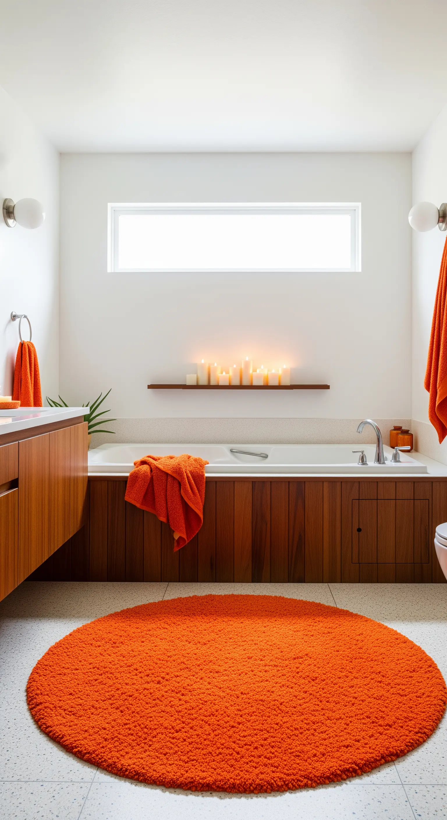 Bagno in stile Mid-Century Modern con mobile in legno e tappeto arancione circolare.