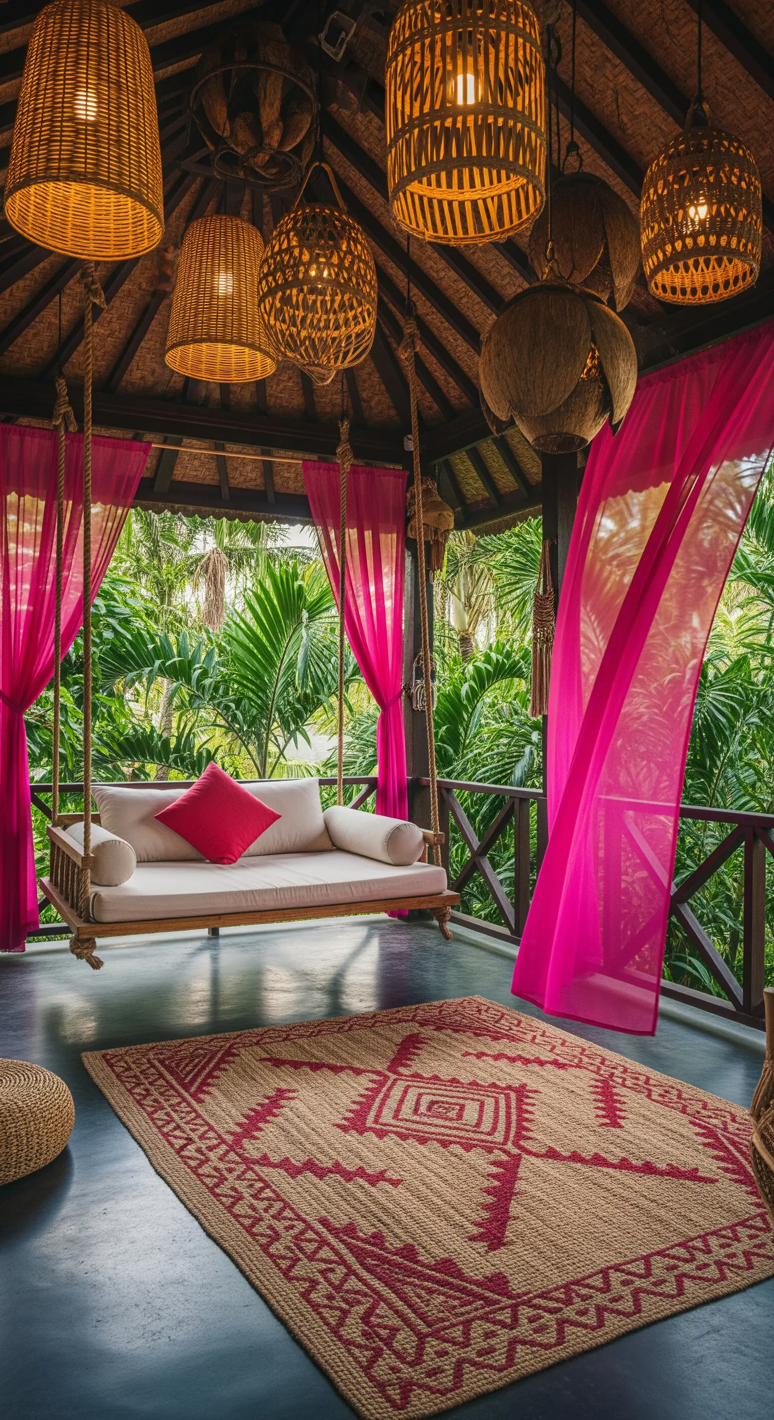 Veranda tropicale con altalena-divano, tende fucsia, tappeto etnico e lampade in bambù