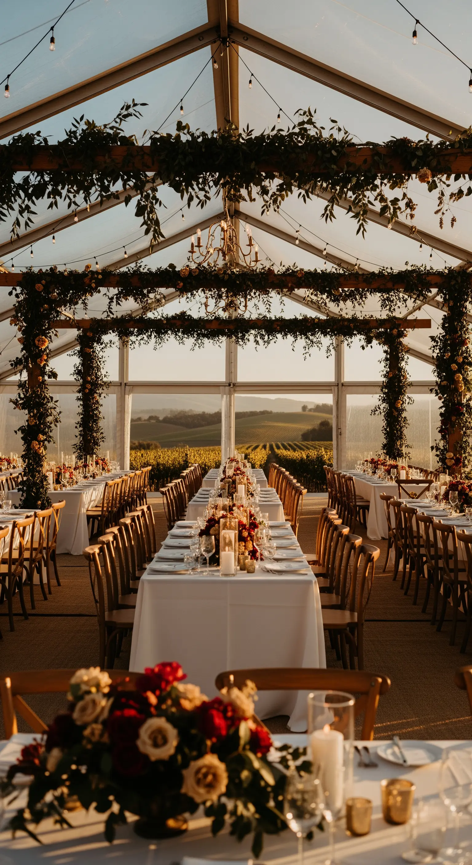 Una tensostruttura trasparente con travi decorate da ghirlande verdi affacciata su un vigneto.
