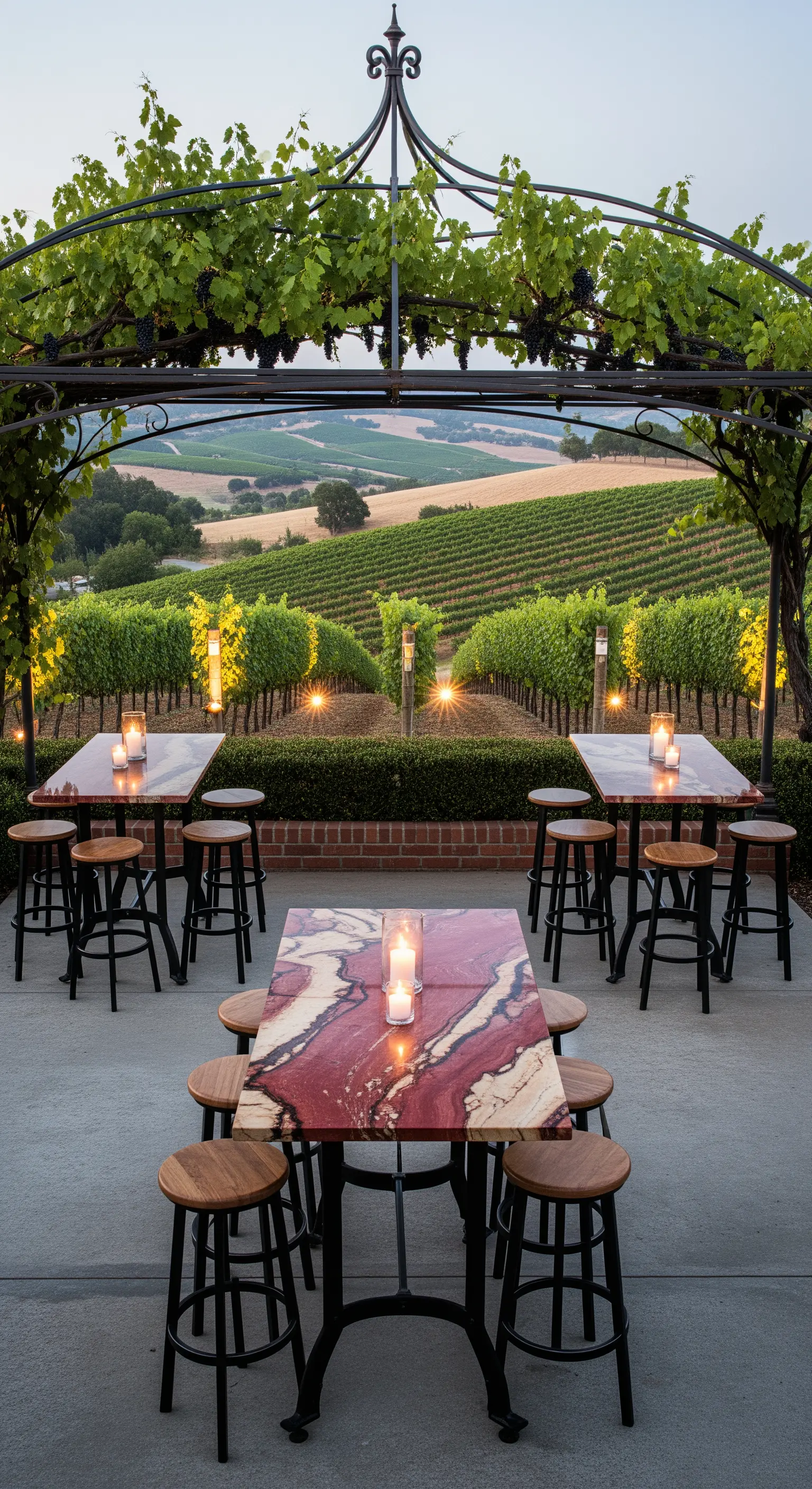 Gazebo in ferro con tavoli alti in marmo rosso affacciato su un vigneto.