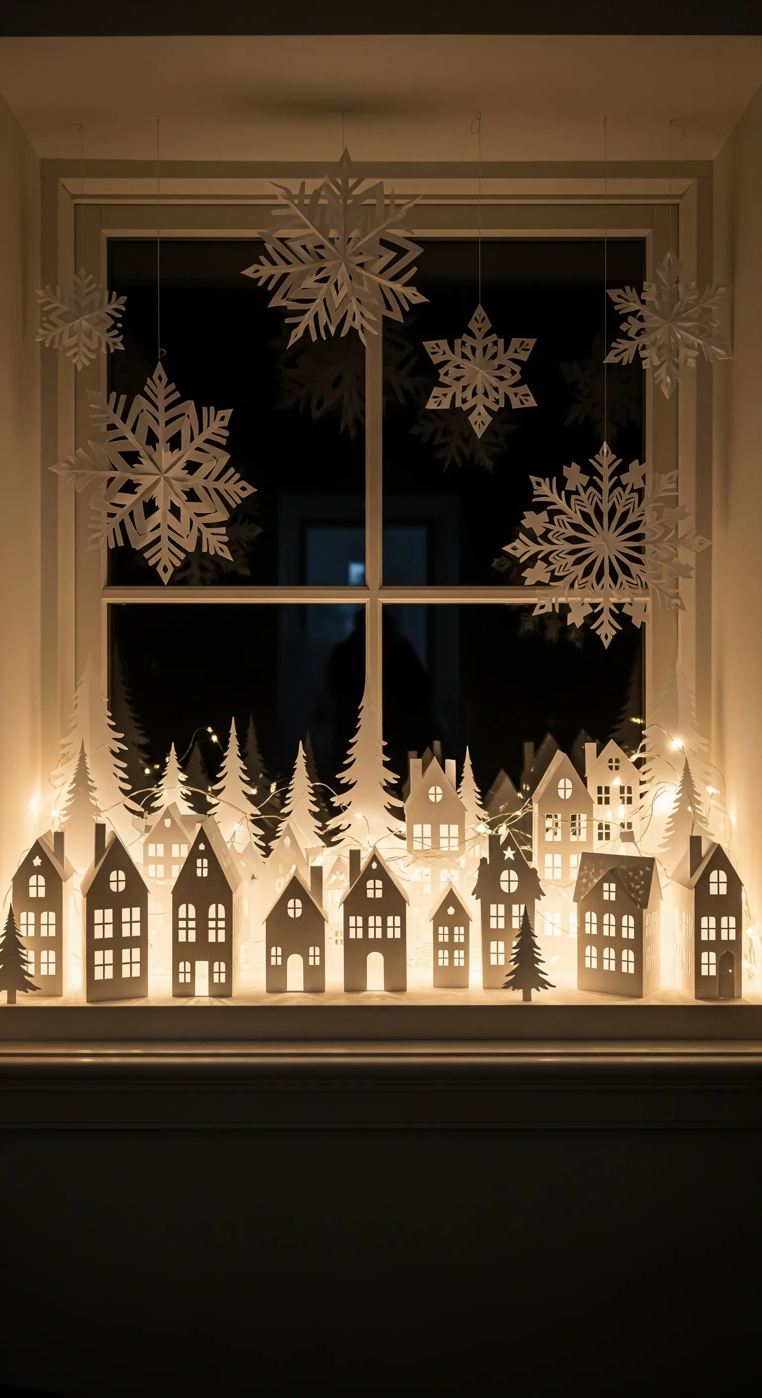 Sagome di un villaggio di carta illuminate da lucine sul davanzale di una finestra.