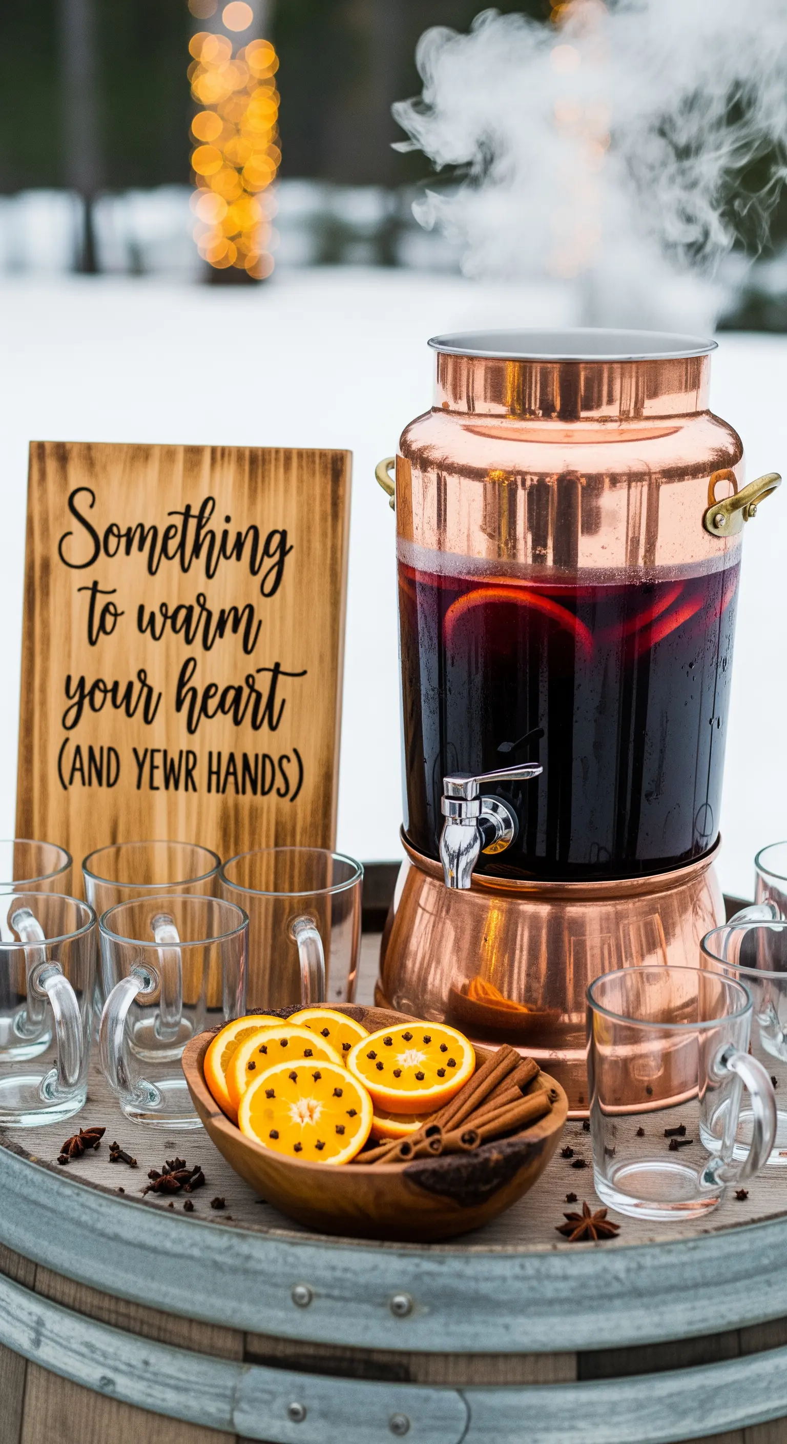 Stazione per vin brûlé con dispenser in rame, tazze di vetro e arance speziate, allestita all'esterno sulla neve.