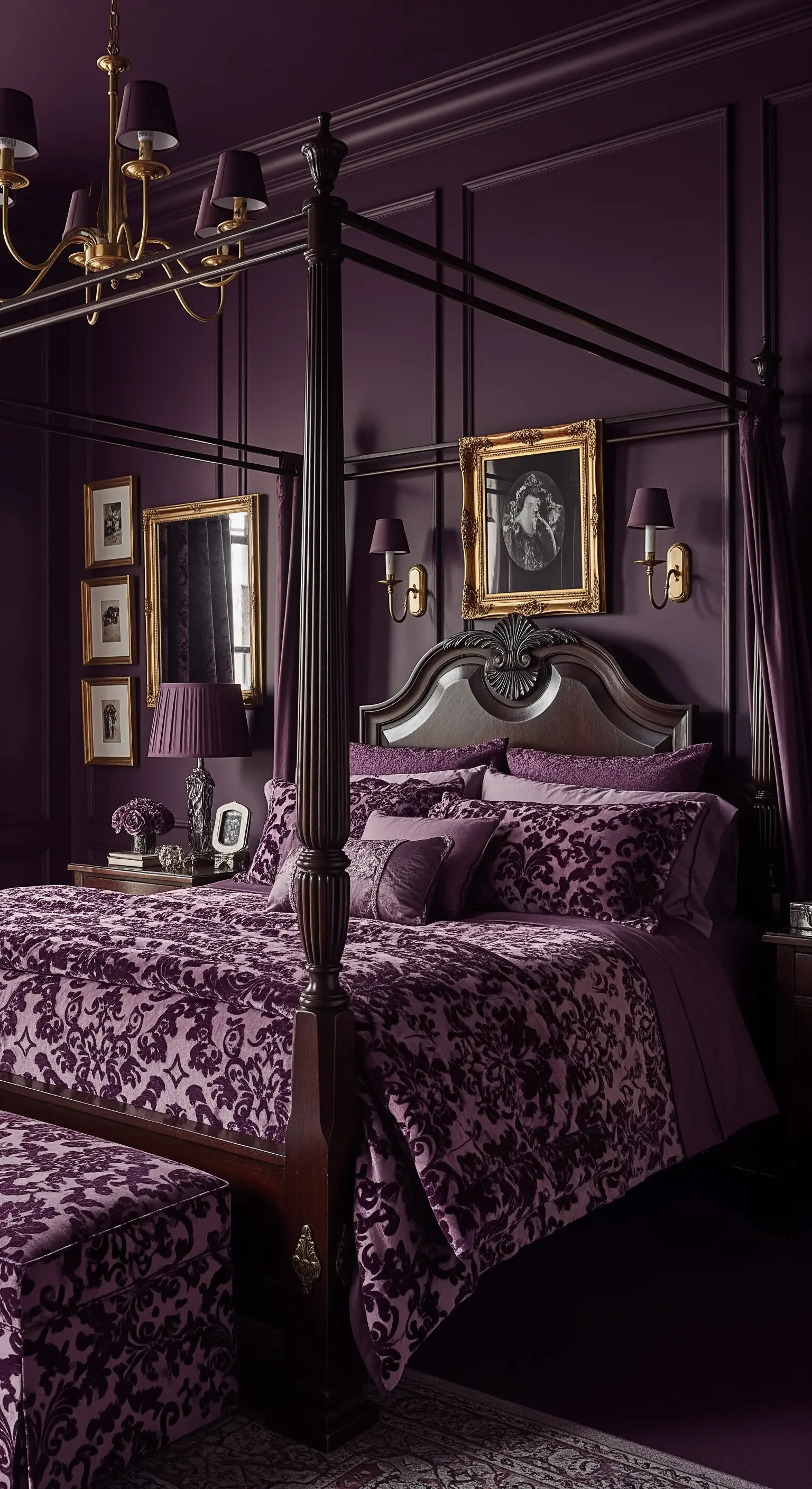 Camera da letto viola scuro con letto a baldacchino e biancheria damascata.