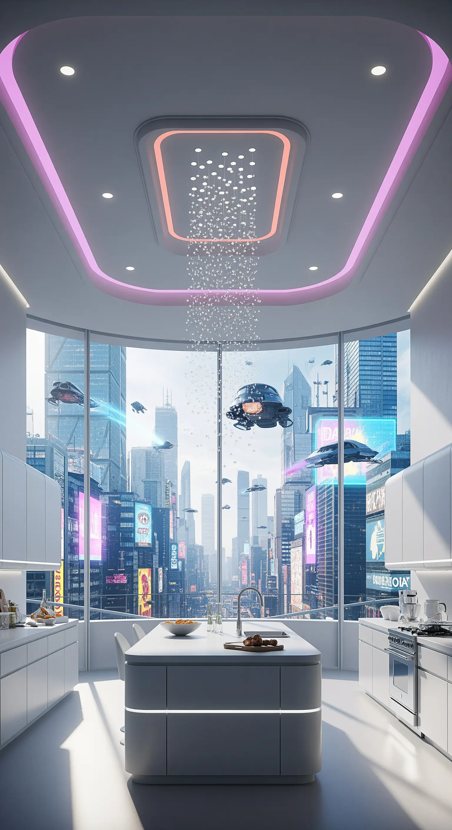 Cucina bianca futuristica con illuminazione a LED integrata nel soffitto e vista su una città high-tech