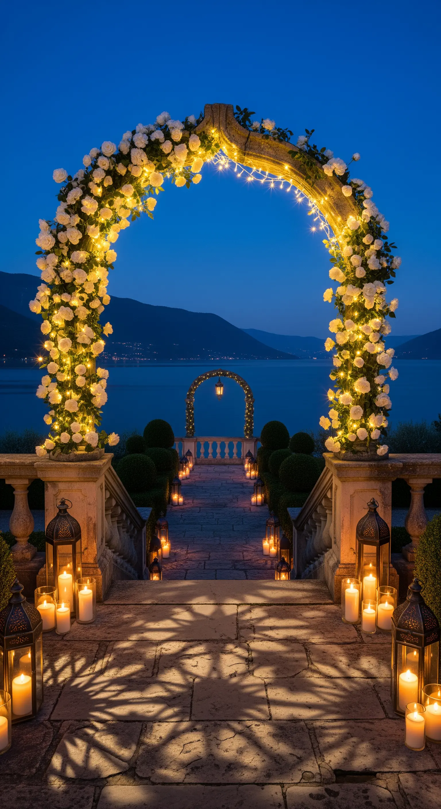 Arco in pietra con rose bianche e lucine, affacciato su un lago al crepuscolo, con lanterne.