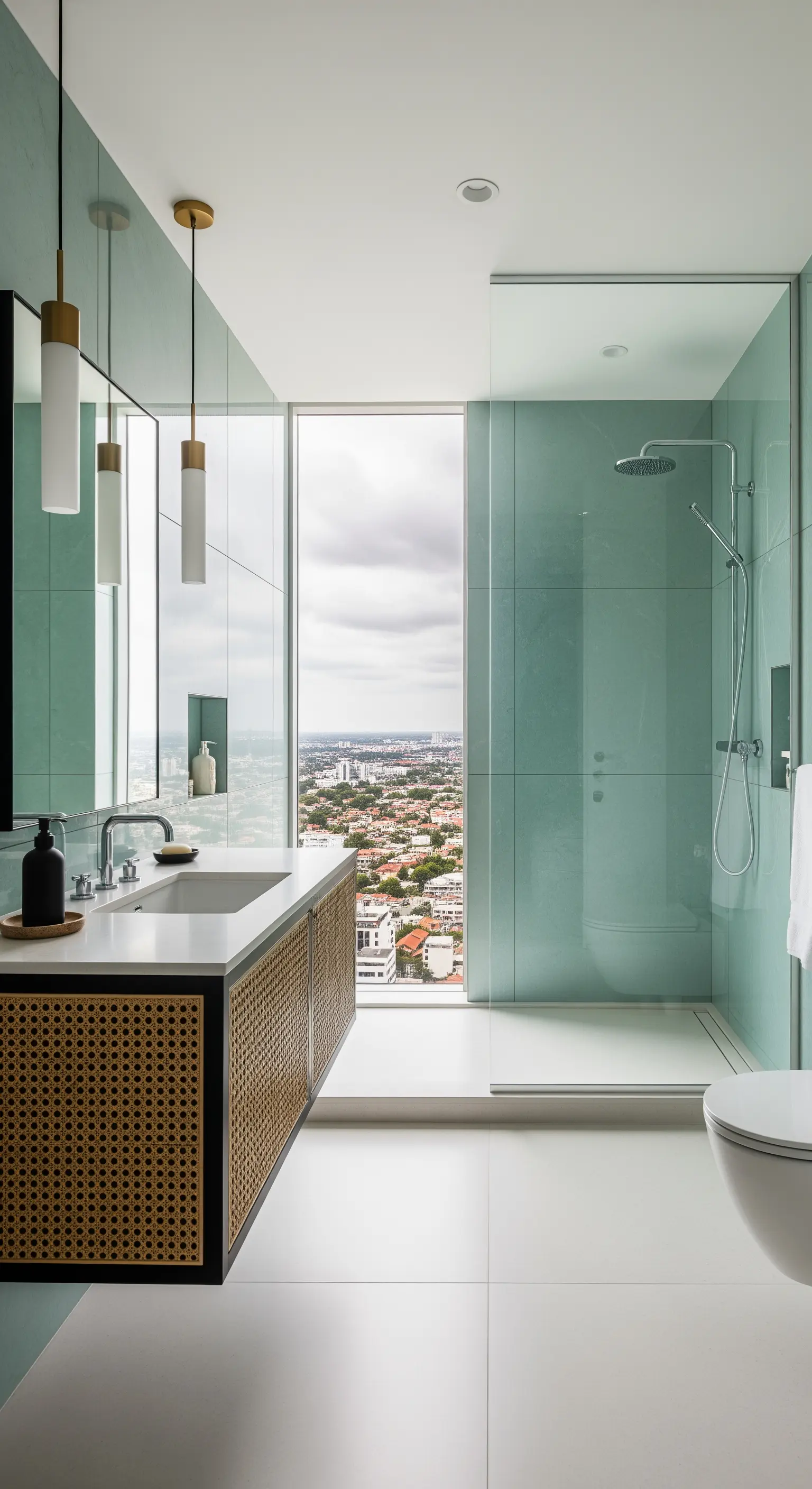 Bagno moderno con finestra panoramica, mobile sospeso in rattan e doccia in vetro.