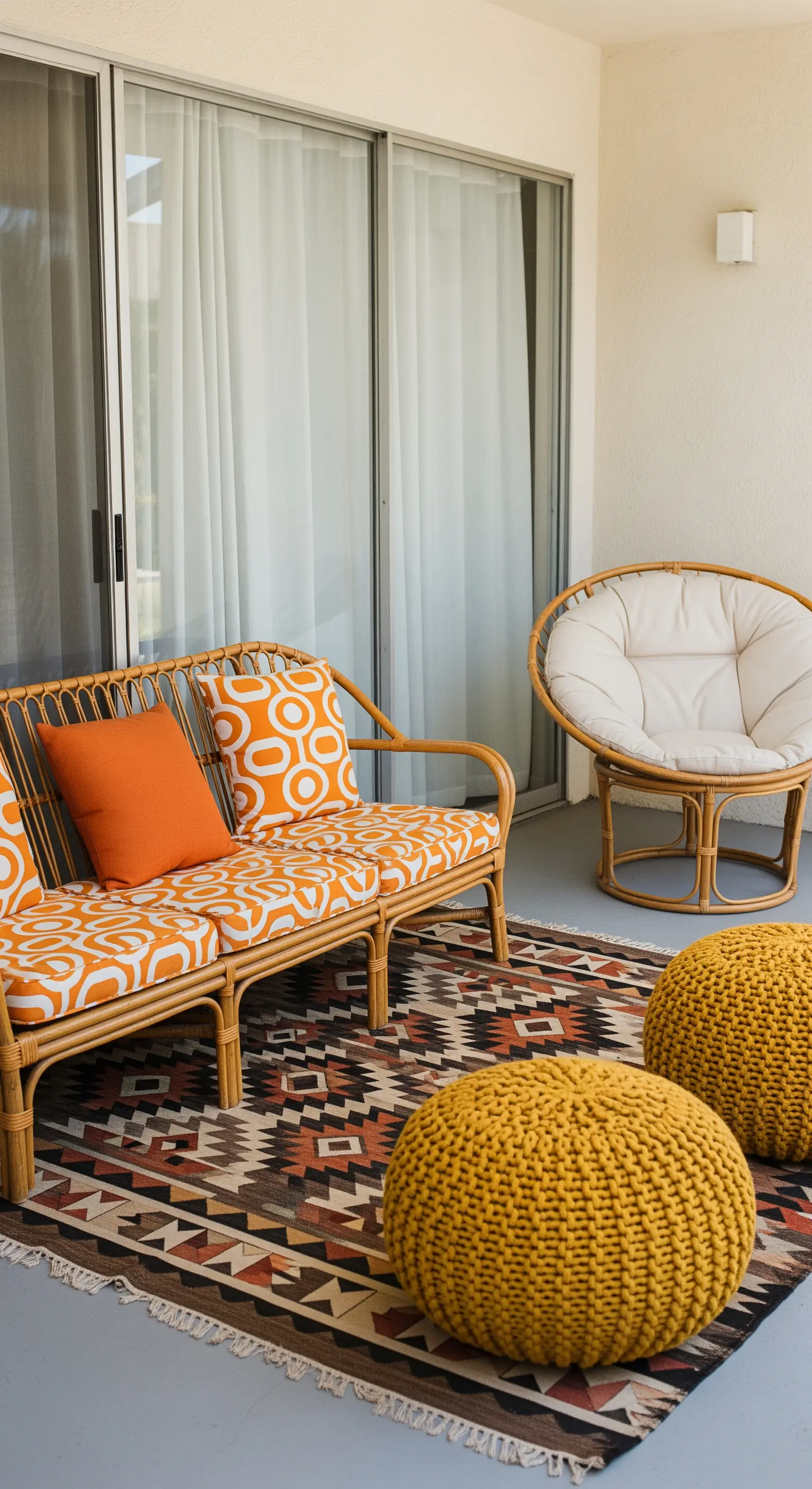 Balcone con divano in rattan, cuscini arancioni, pouf gialli e tappeto kilim.