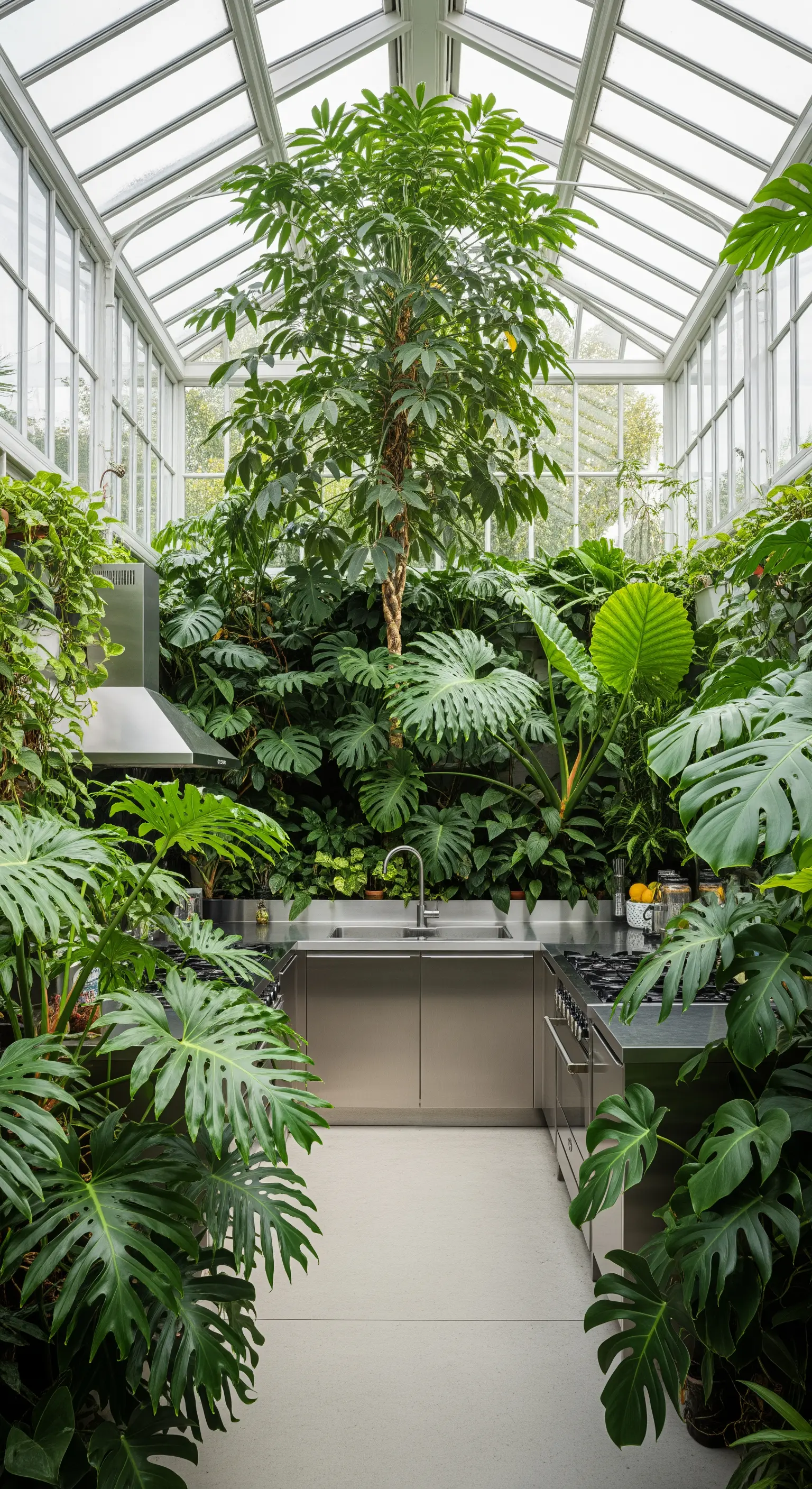 Cucina in acciaio inox all'interno di una serra di vetro traboccante di piante tropicali.