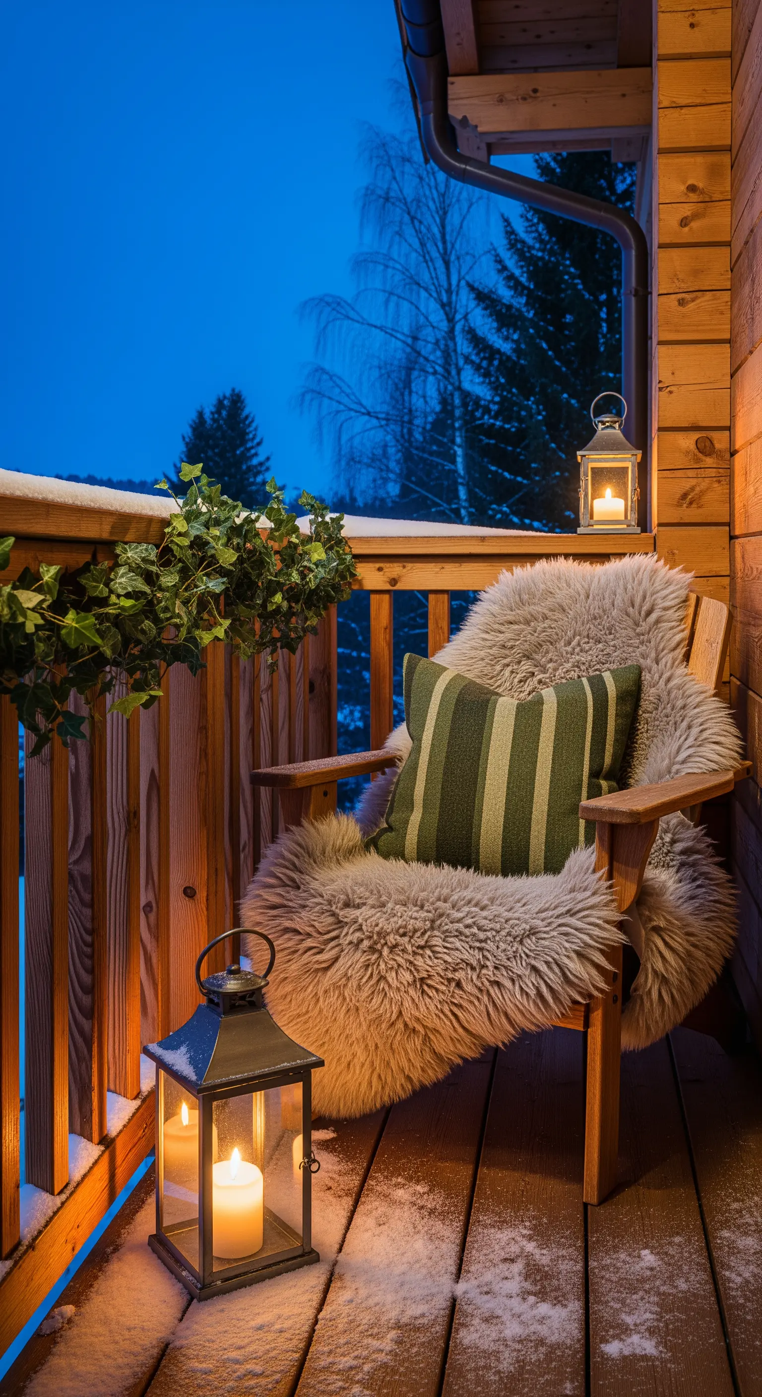 Sedia in legno con pelle di pecora e lanterne accese su un balcone innevato.