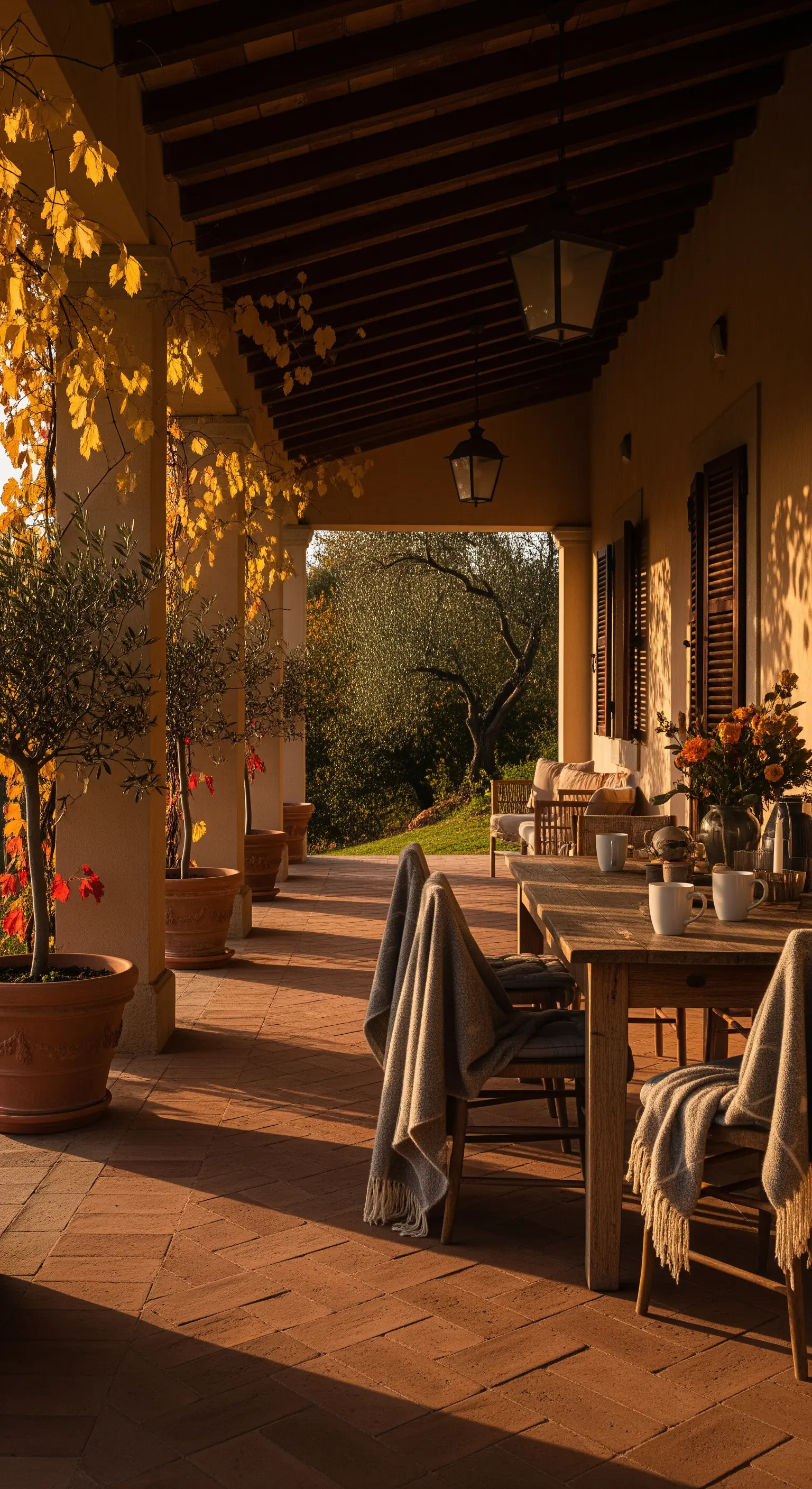 Portico in autunno con plaid sulle sedie e foglie gialle di una vite rampicante.