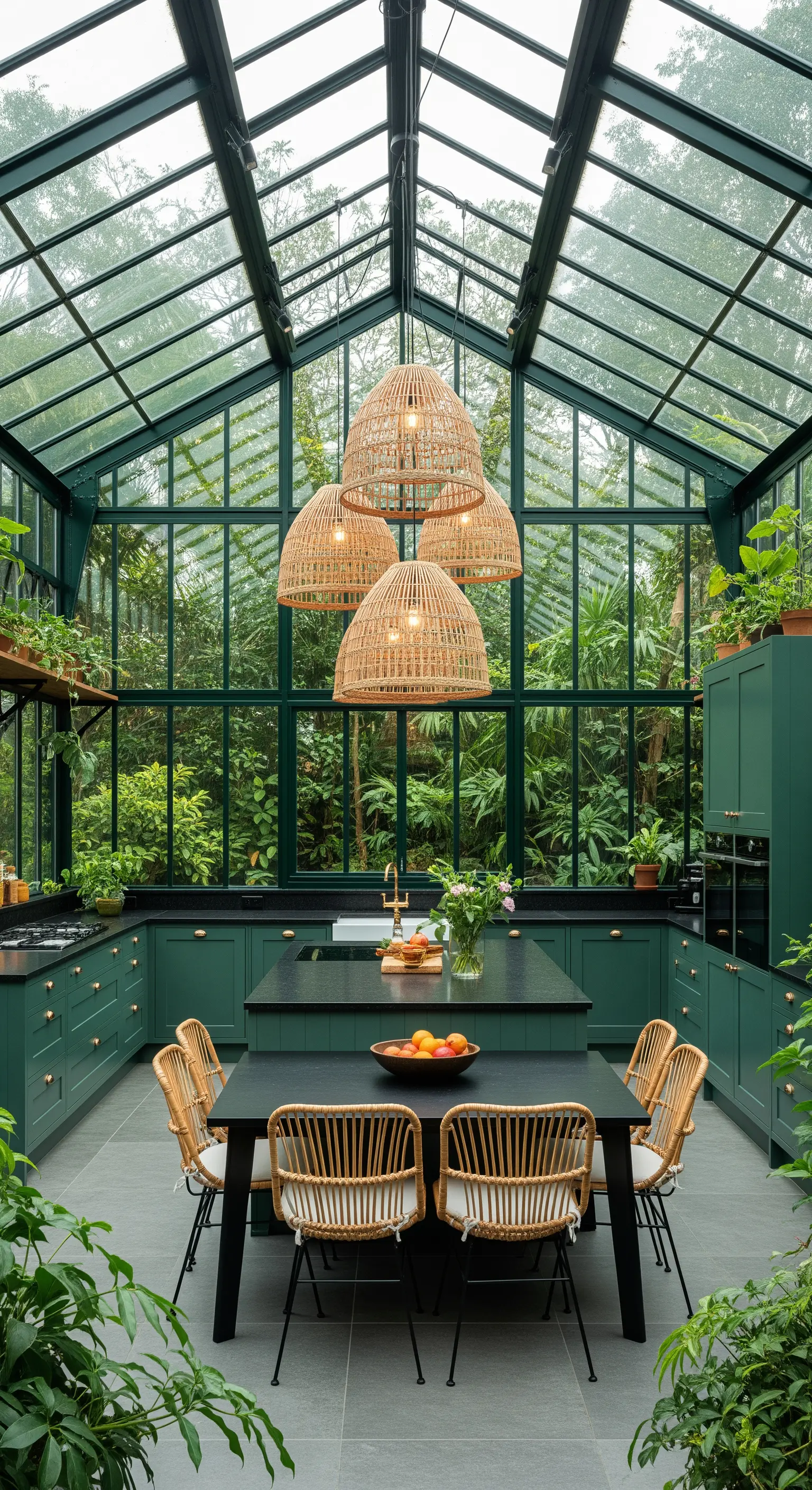 Cucina interamente vetrata in stile serra, con mobili verde scuro e lampadari in rattan.
