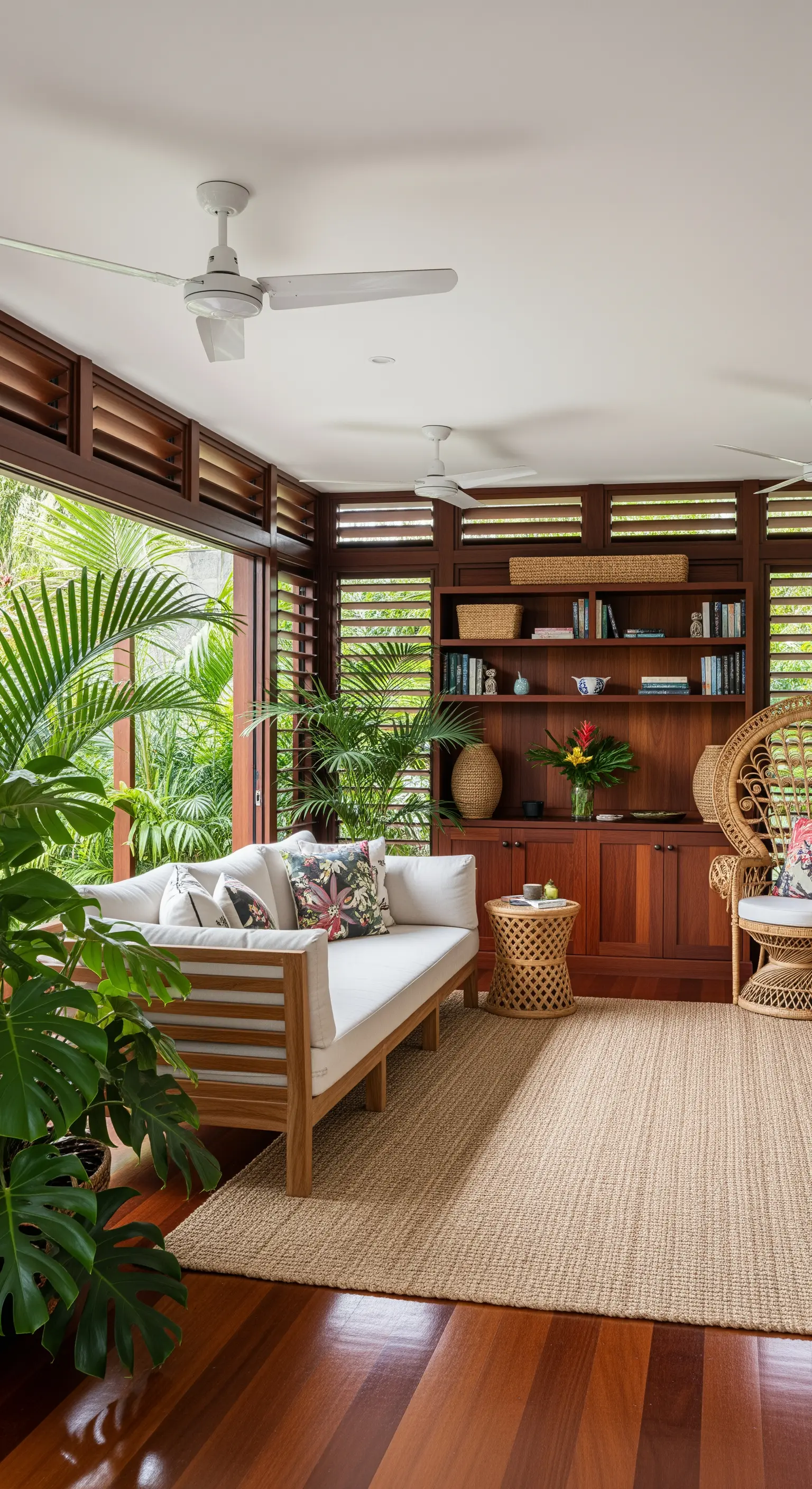 Veranda tropicale con persiane in legno, divano bianco, e tante piante rigogliose.
