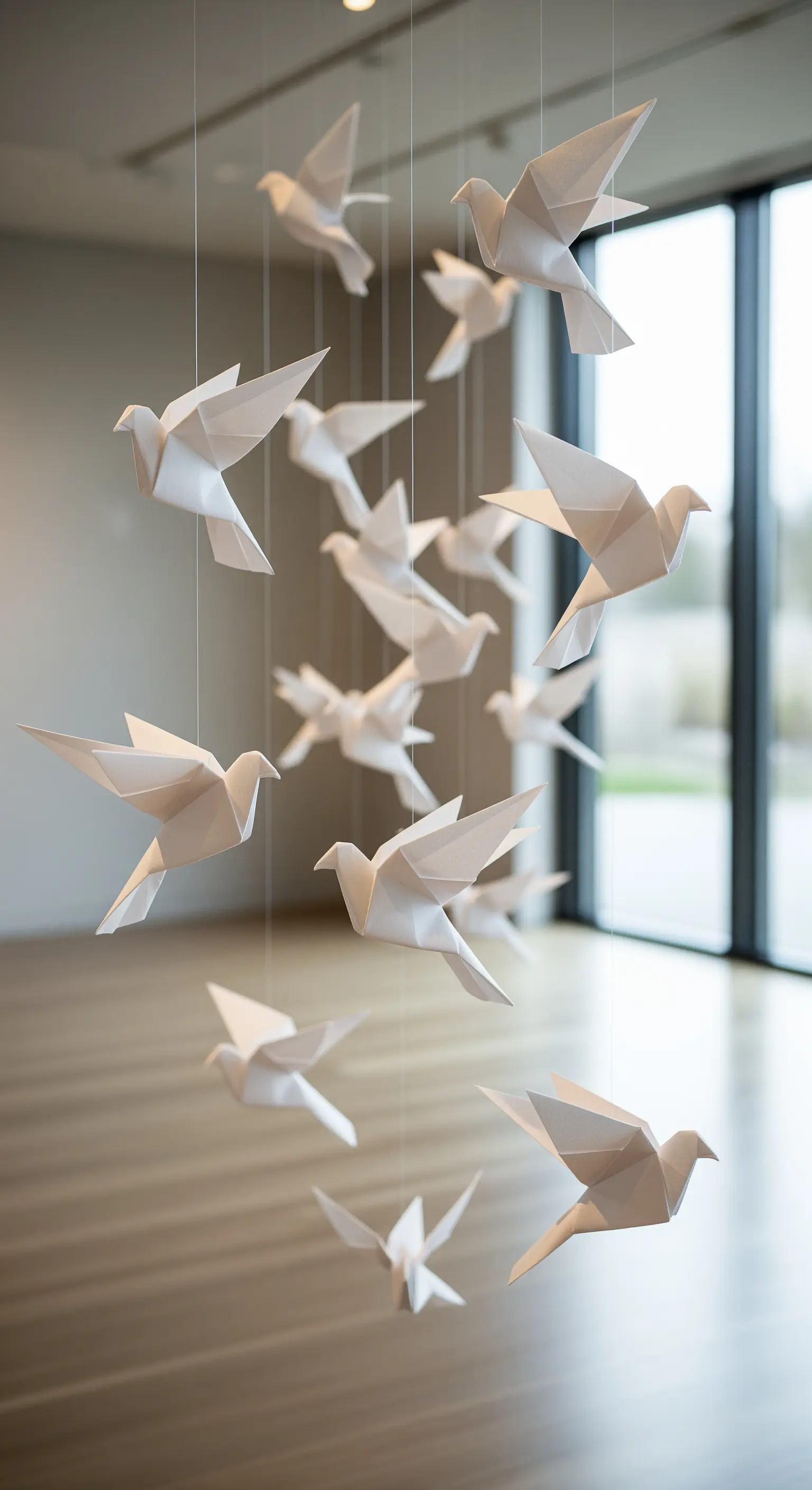 Stormo di colombe di carta bianca sospese a fili trasparenti in un ambiente luminoso.