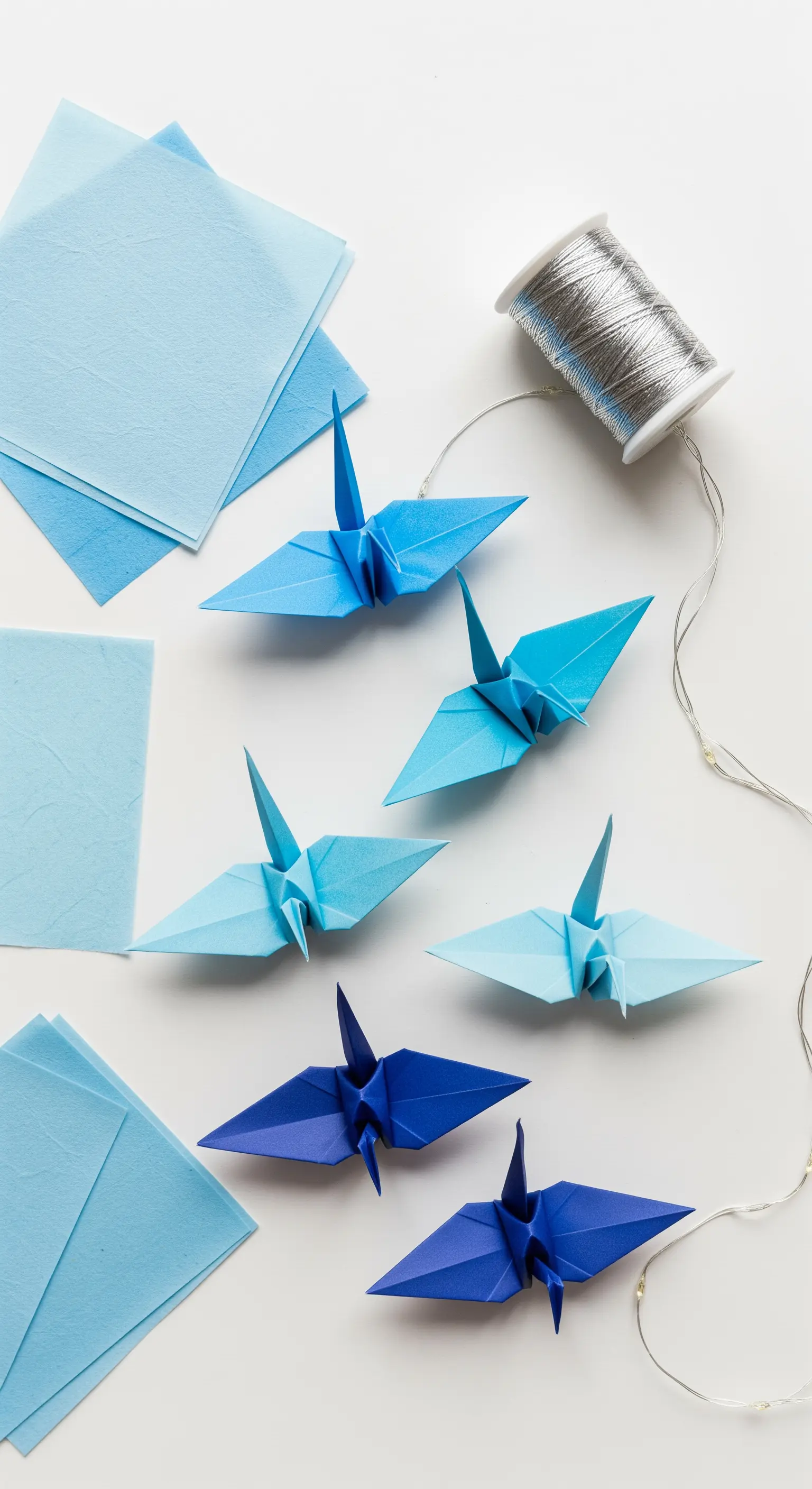 Gru di origami in varie tonalità di blu pronte per essere assemblate in una ghirlanda.