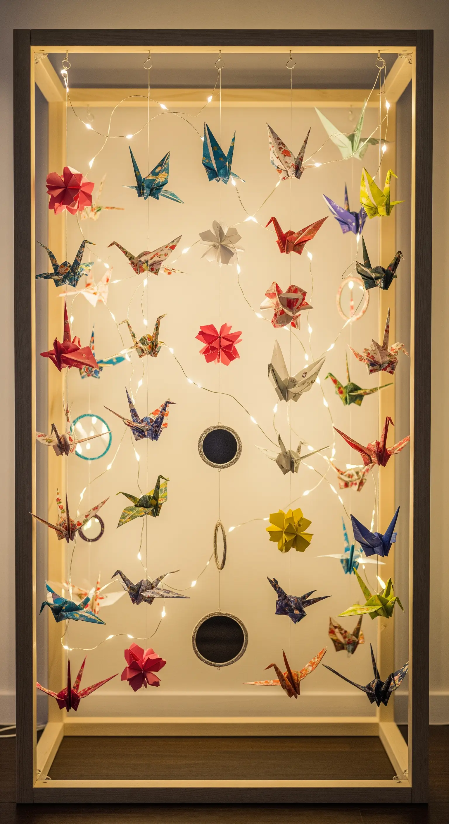 Cornice photobooth a teca con origami colorati sospesi e illuminati da lucine calde.