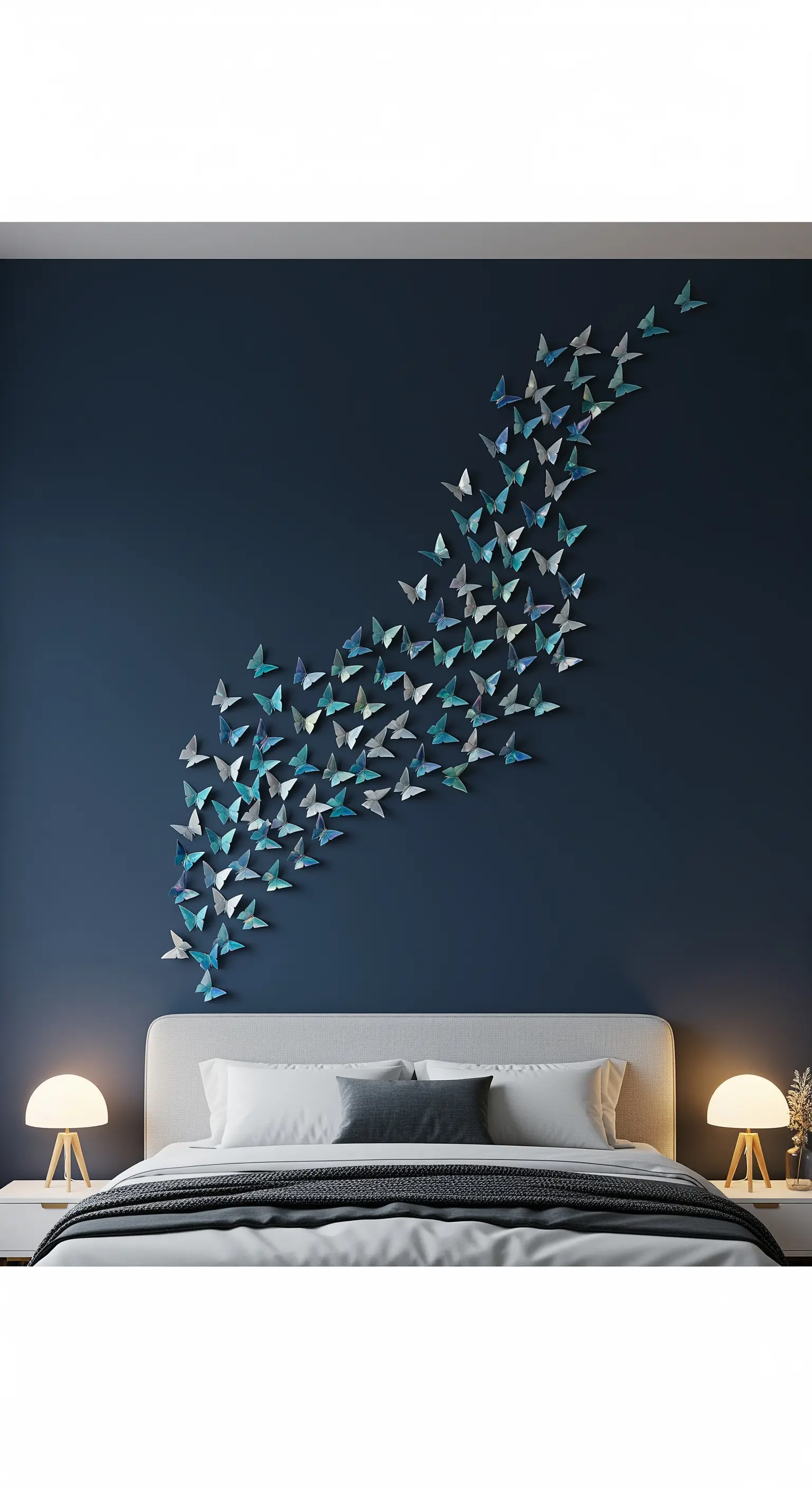 Installazione murale con farfalle di carta cangiante su una parete blu profondo.