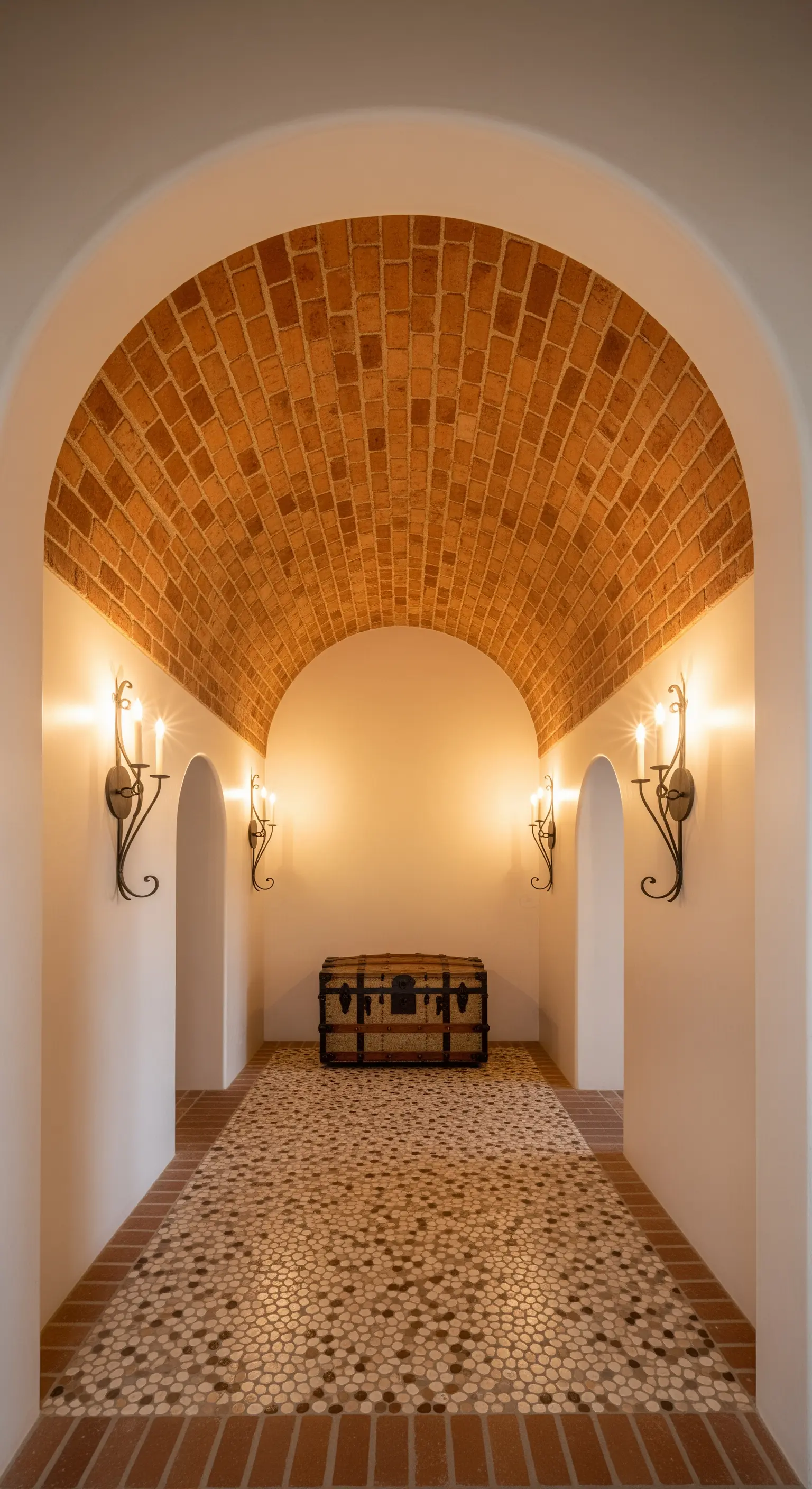 Corridoio con volta a botte in mattoni, pavimento a ciottoli e applique a candelabro.