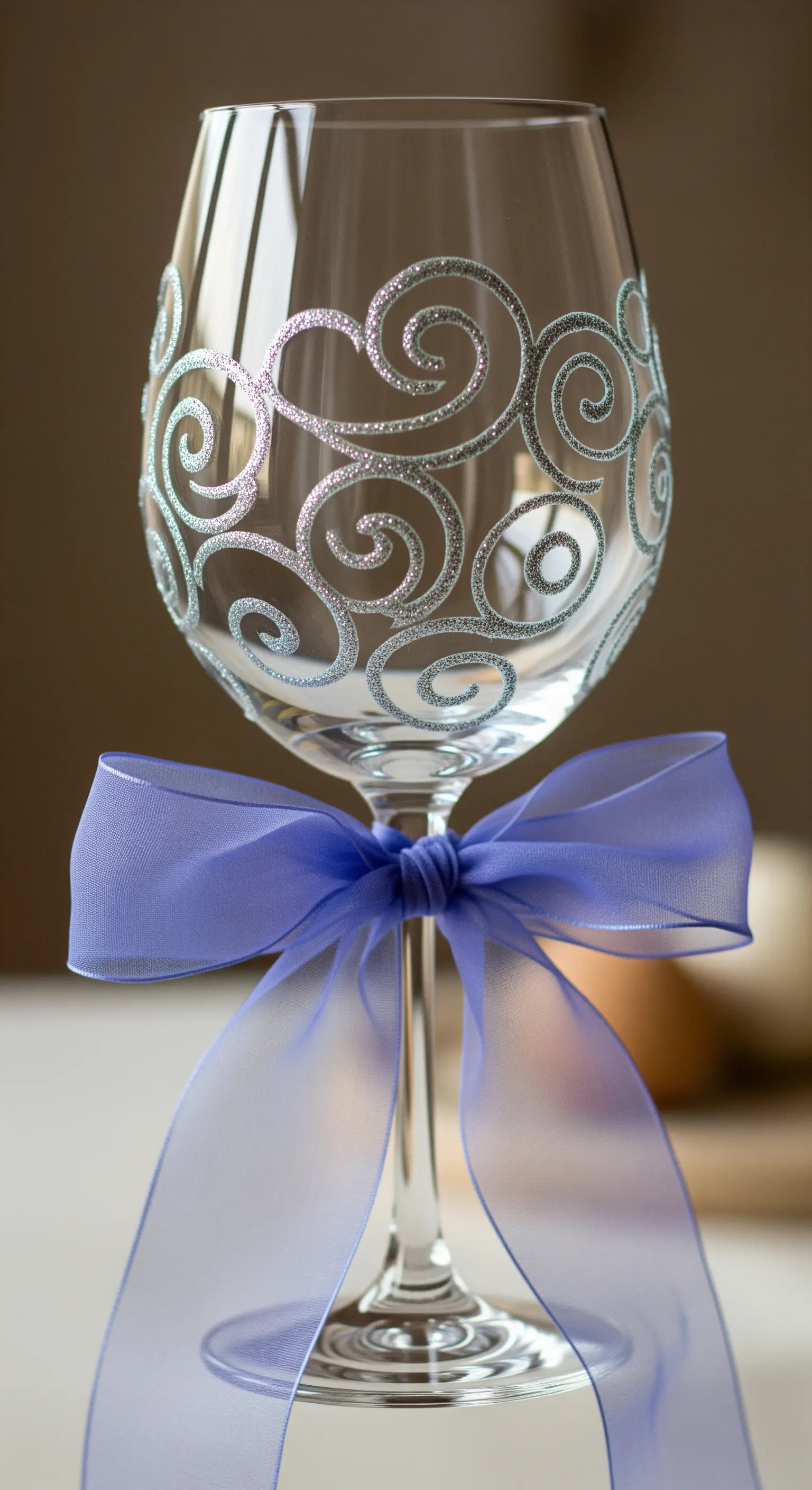 Calice da vino con decorazioni a spirale in glitter argento e fiocco azzurro.