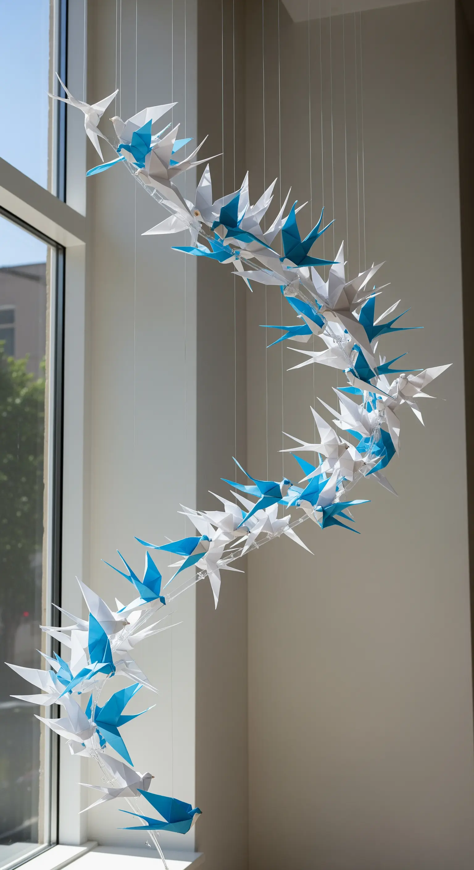 Scultura a spirale sospesa composta da decine di uccelli di origami bianchi e blu.