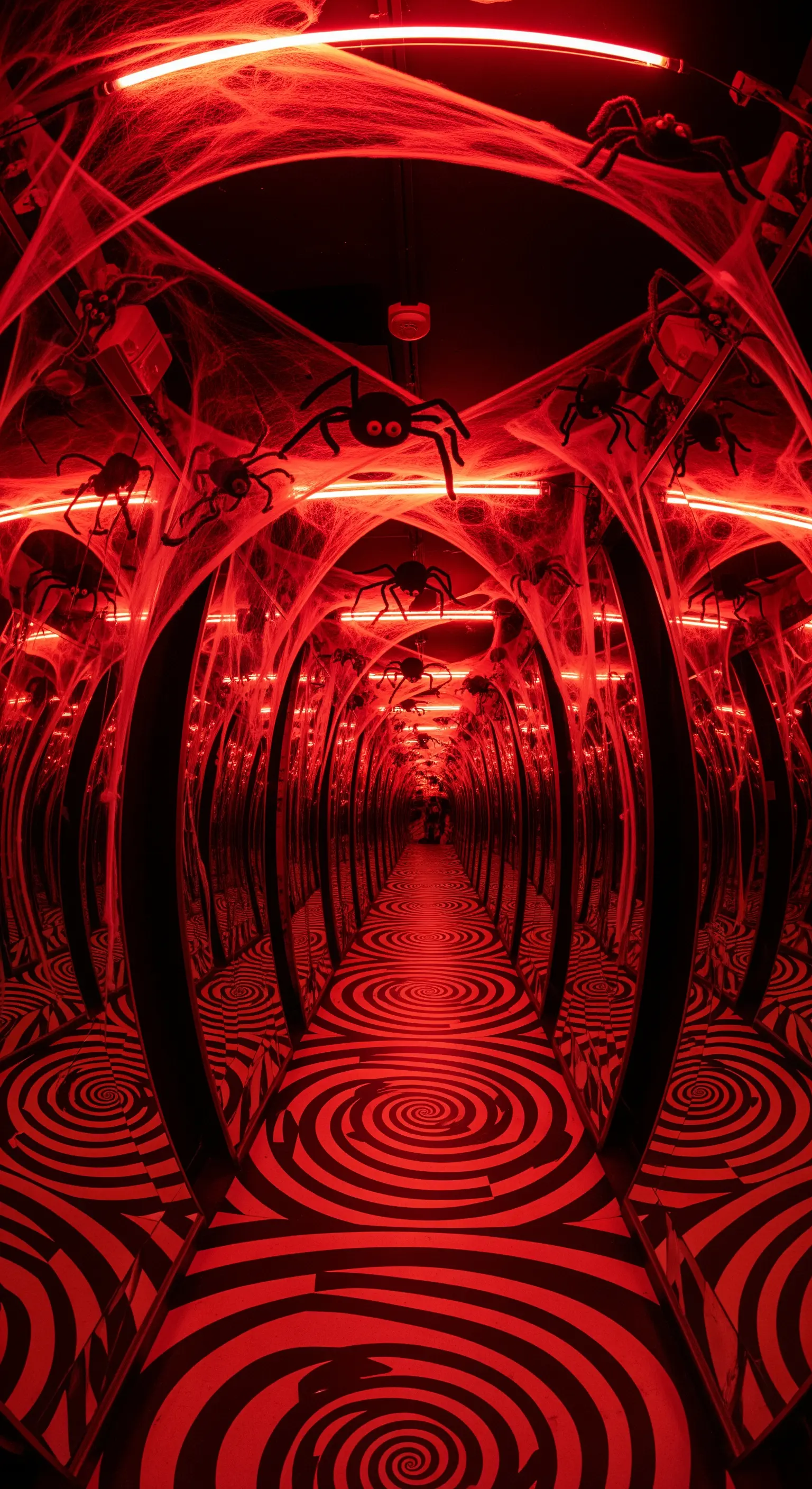 Tunnel rosso con pavimento a spirale, ragnatele e ragni.
