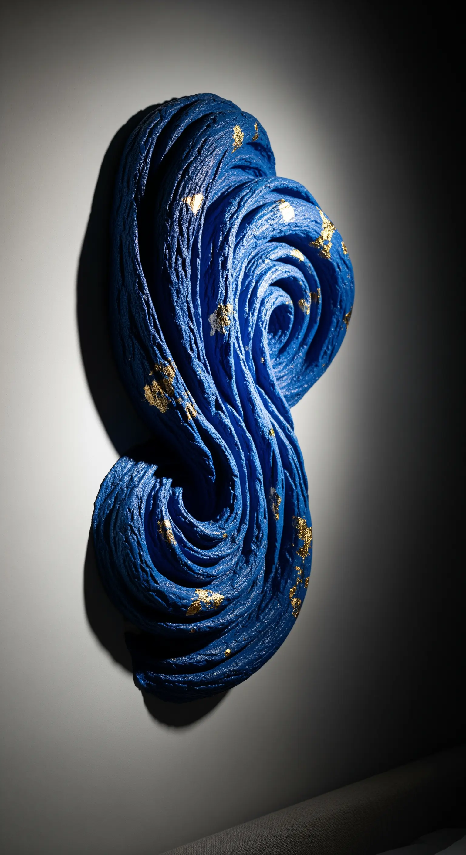 Scultura astratta in cartapesta blu, a forma di vortice, con accenti di foglia d'oro.