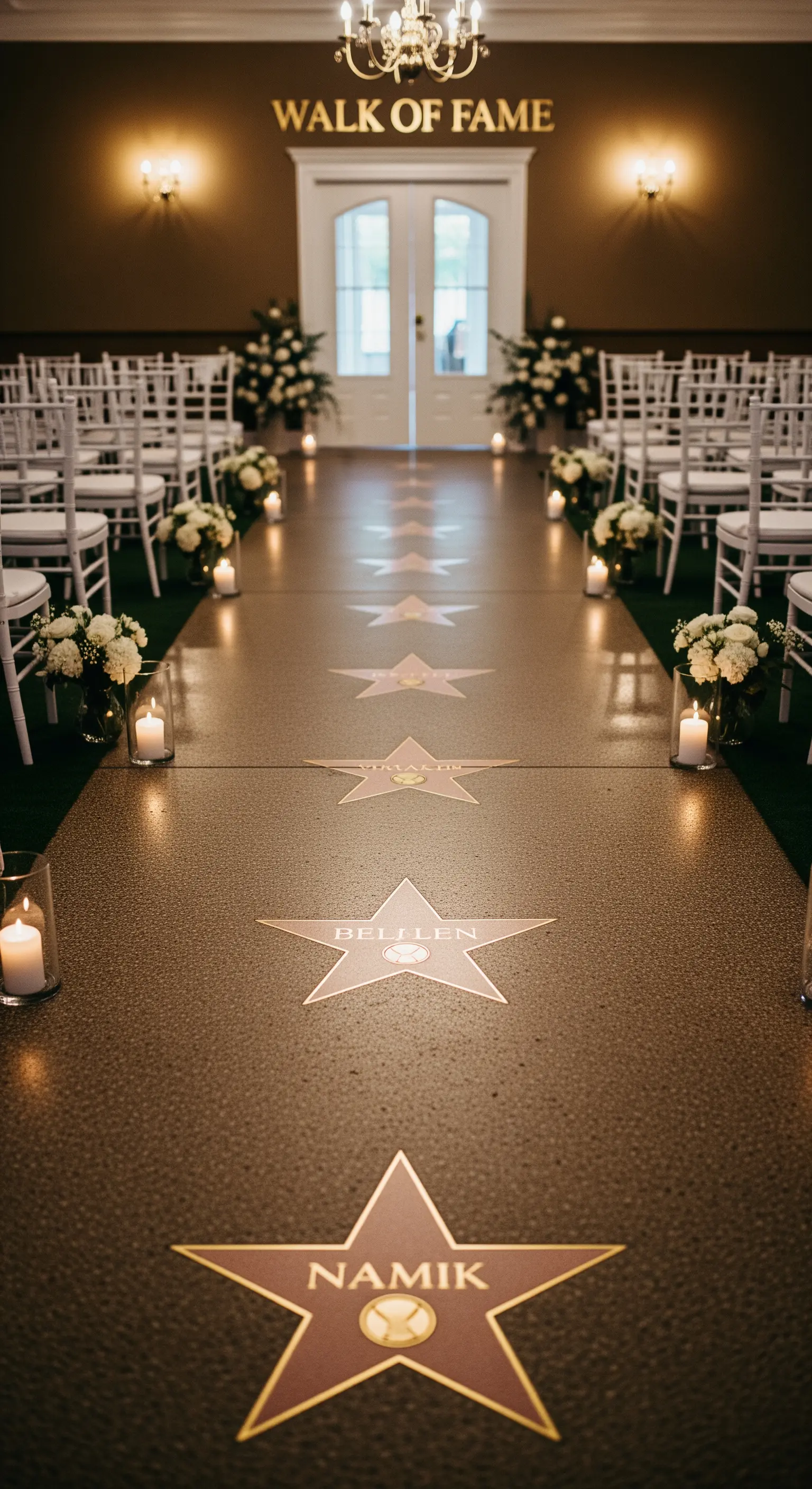 Navata di una cerimonia nuziale decorata come la Walk of Fame di Hollywood con stelle personalizzate