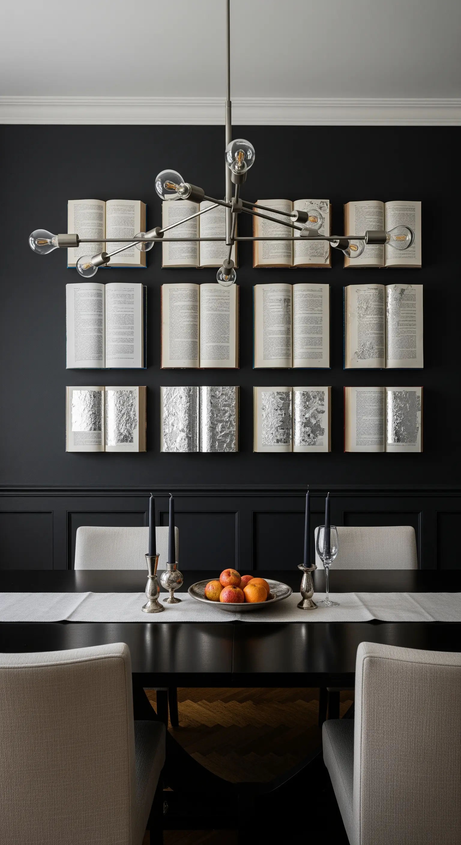 Installazione murale in una sala da pranzo con libri aperti disposti a griglia, alcuni con pagine argentate.