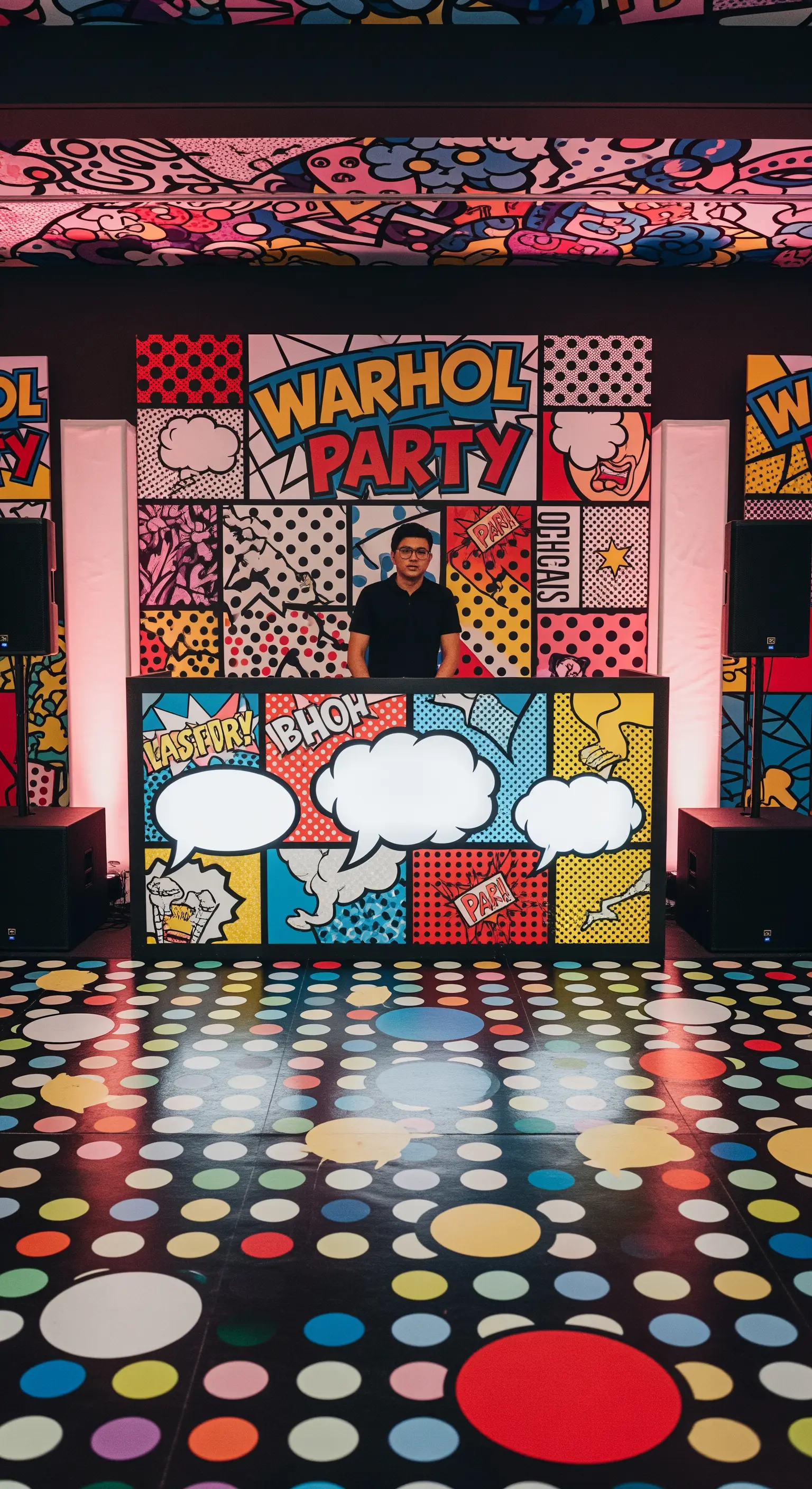 DJ booth e pista da ballo con motivi colorati in stile pop art.