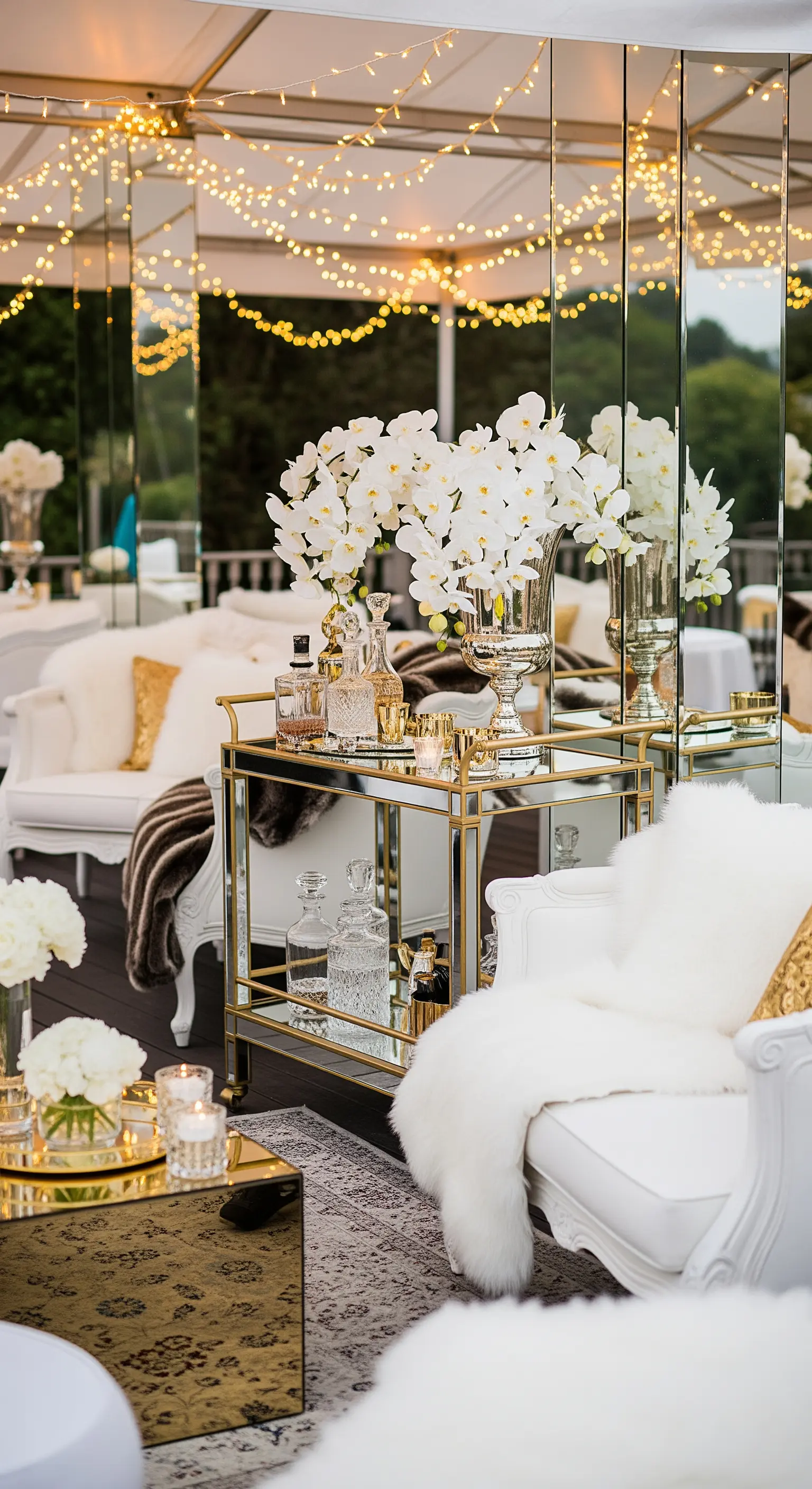 Allestimento glamour con divani bianchi, pellicce, carrello bar dorato e pareti a specchio.