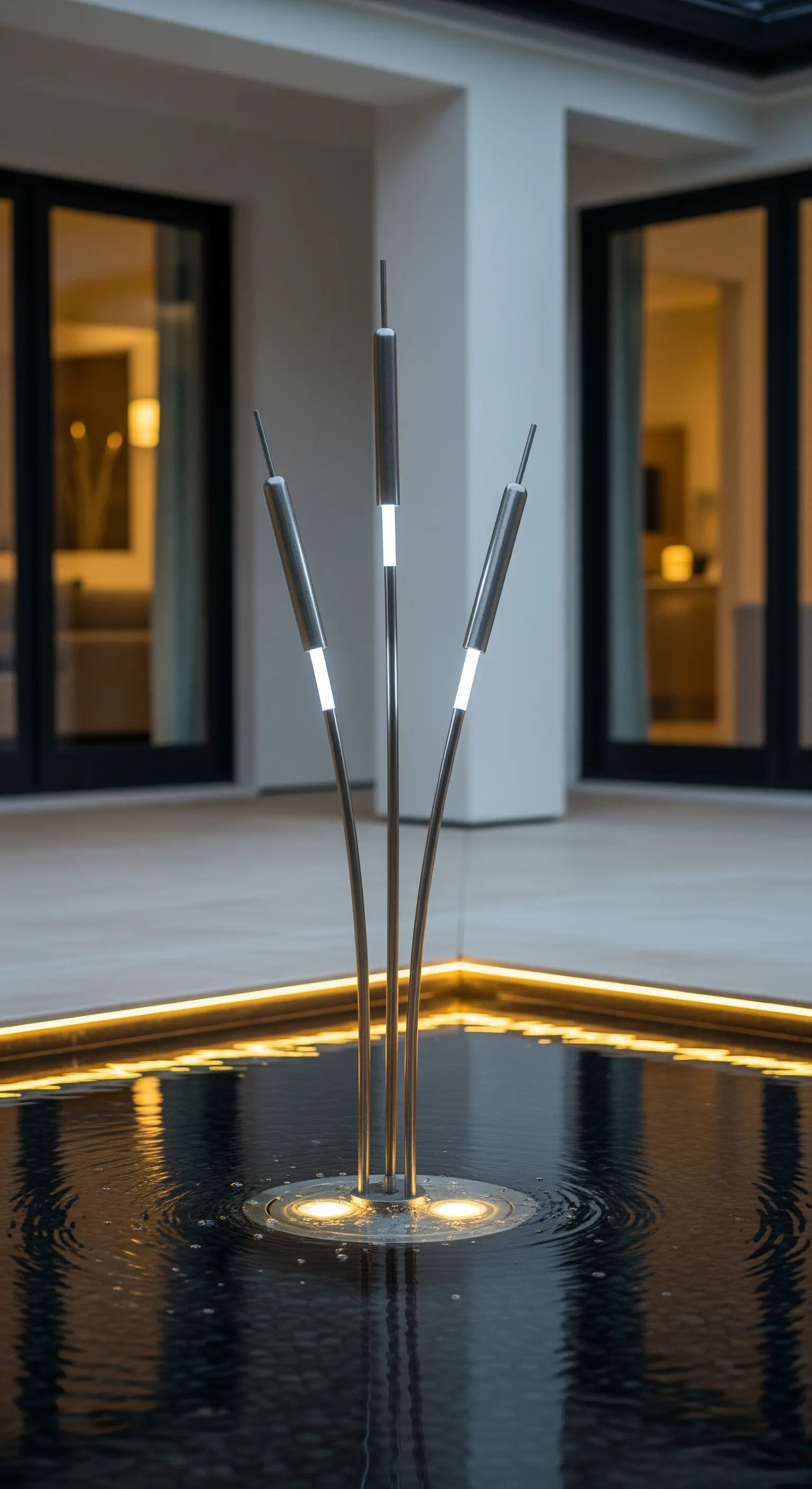 Fontana moderna con tre steli metallici illuminati e bordo luminoso.