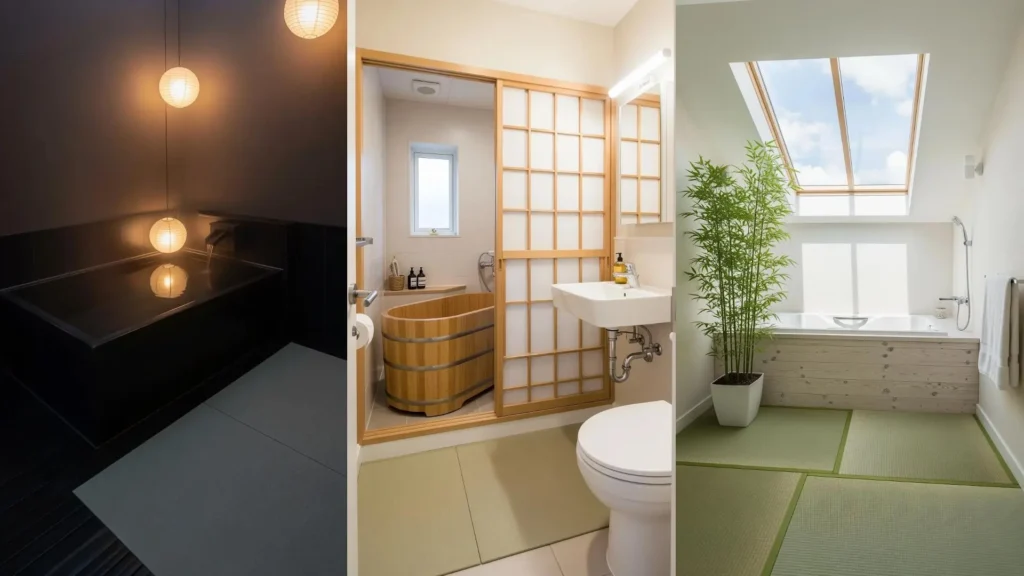 Bagni zen con vasche in legno, pavimenti in tatami e palette neutre, perfetti per il relax domestico.