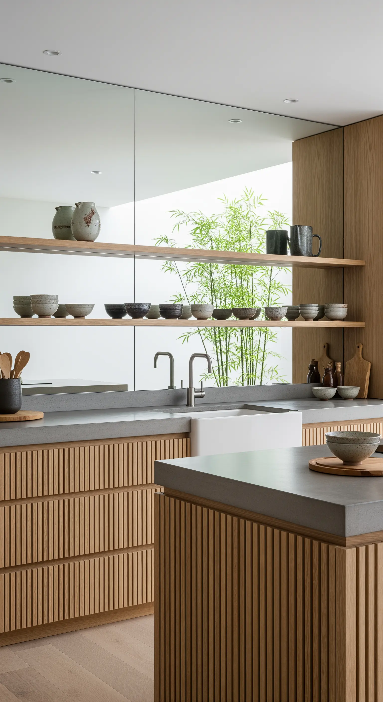 Cucina in stile Japandi con paraschizzi a specchio e mensole in legno.