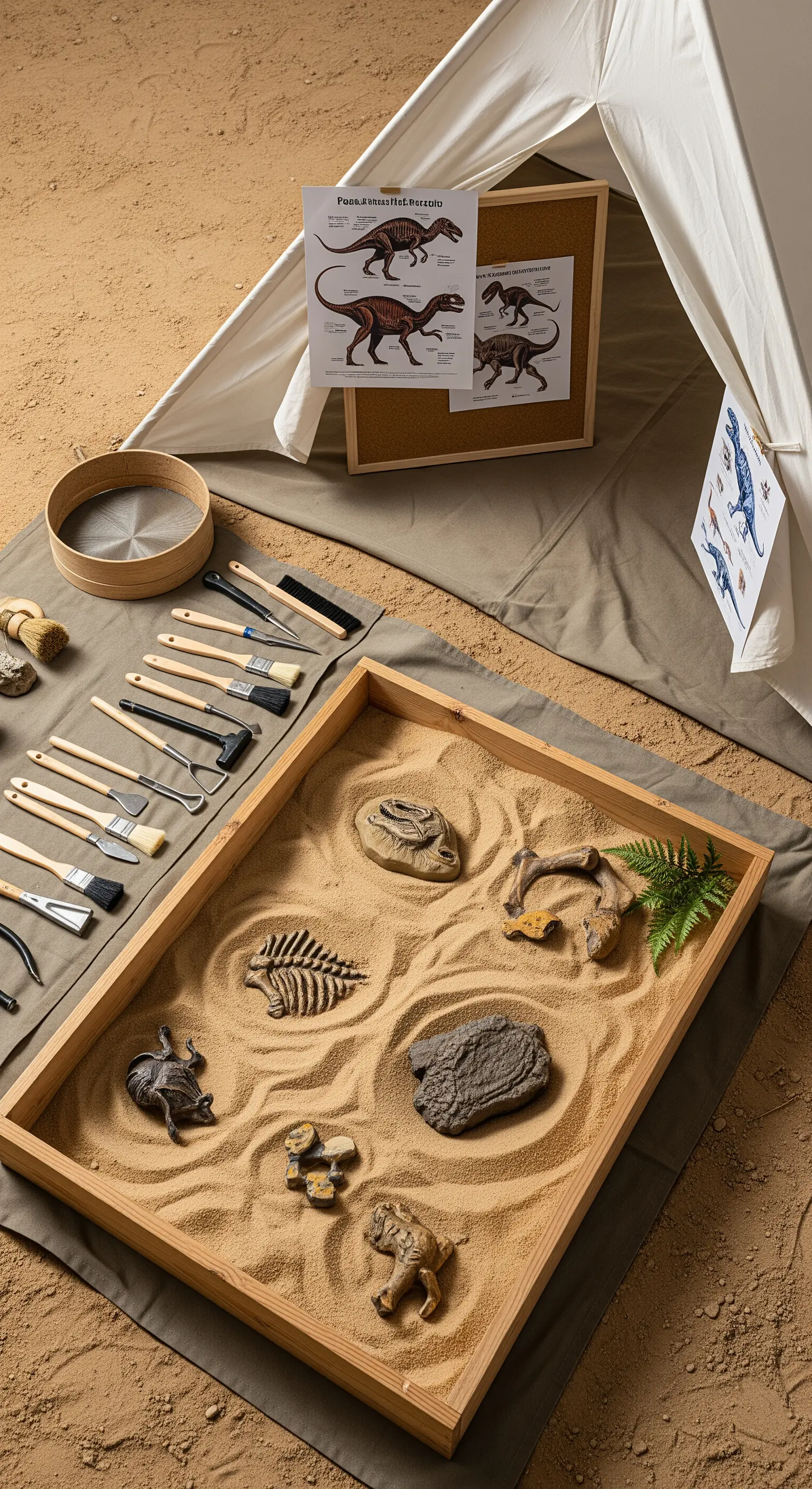 Attività di scavo archeologico per bambini con sabbia, fossili e attrezzi da paleontologo.